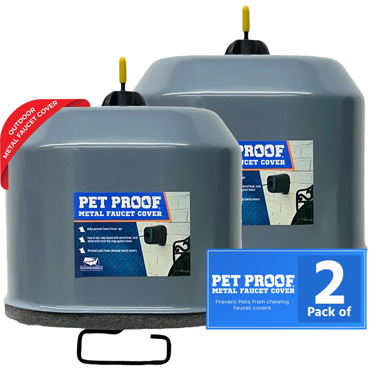 Cold Front Product metal faucet cover on outdoor faucet protects pets from chewing.
