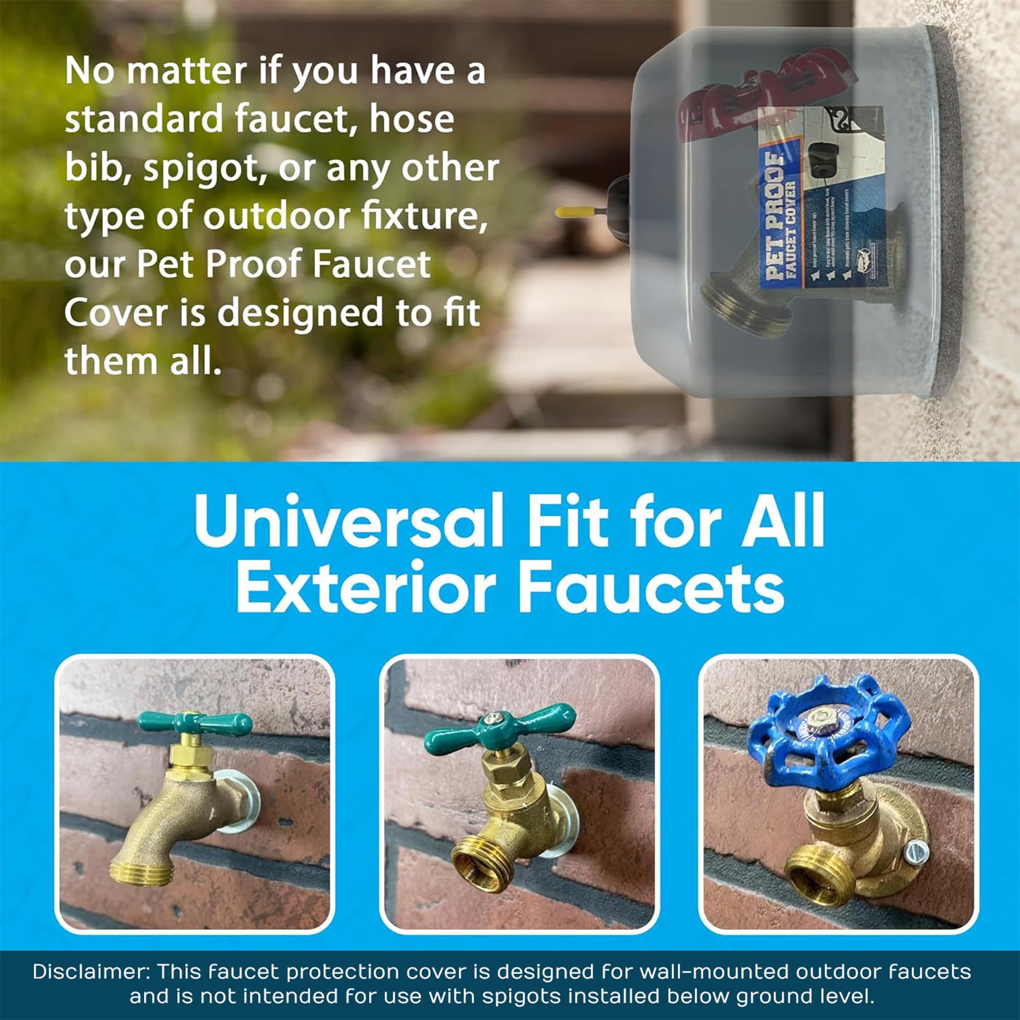 Cold Front Product universal-fit faucet protection covers hose bibs securely.