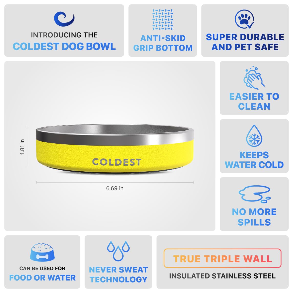 Coldest Dog Bowl Solar Yellow color option adds personality to your pet's space.