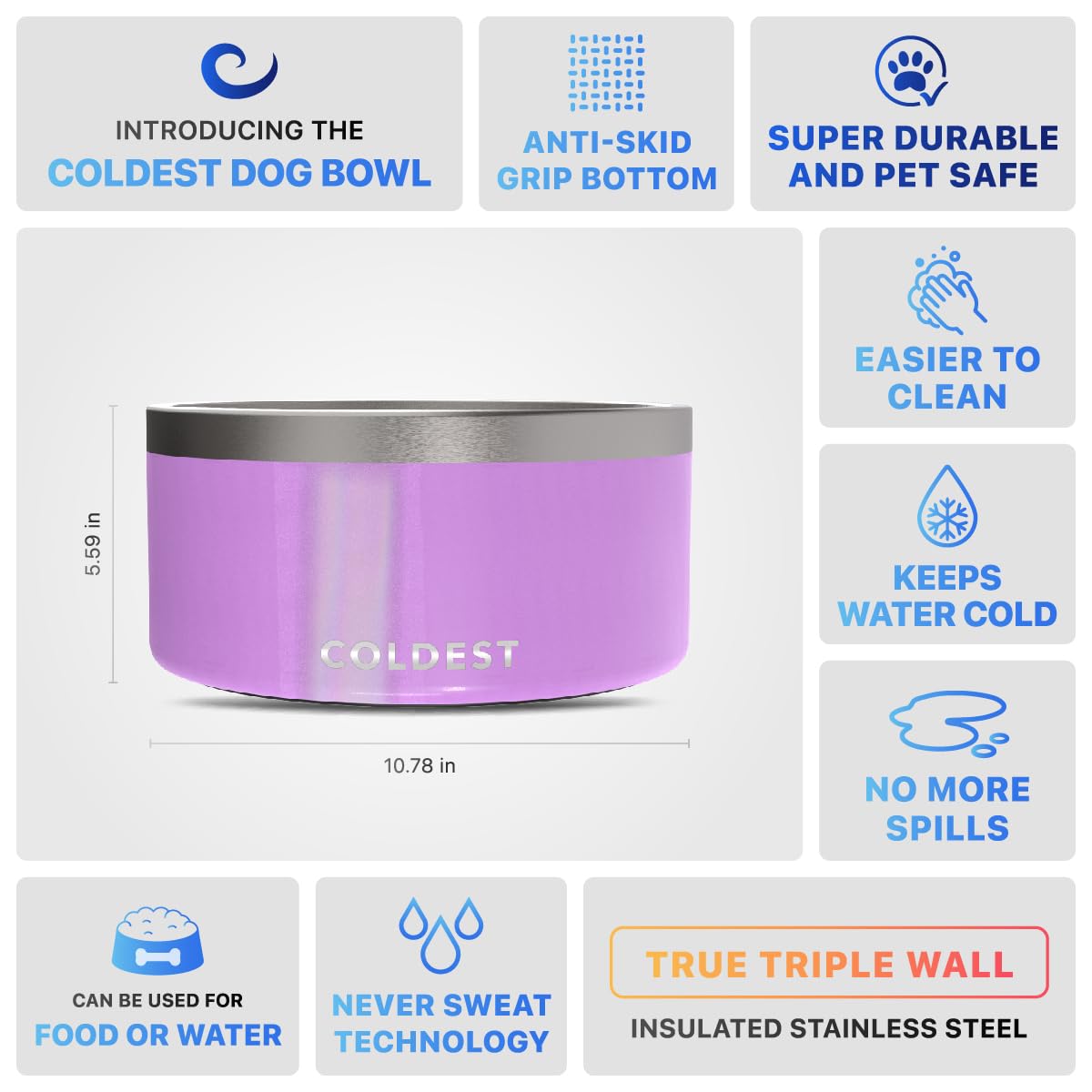 The Coldest Dog Bowl Saturns Purple Glitter color adds stylish appeal.