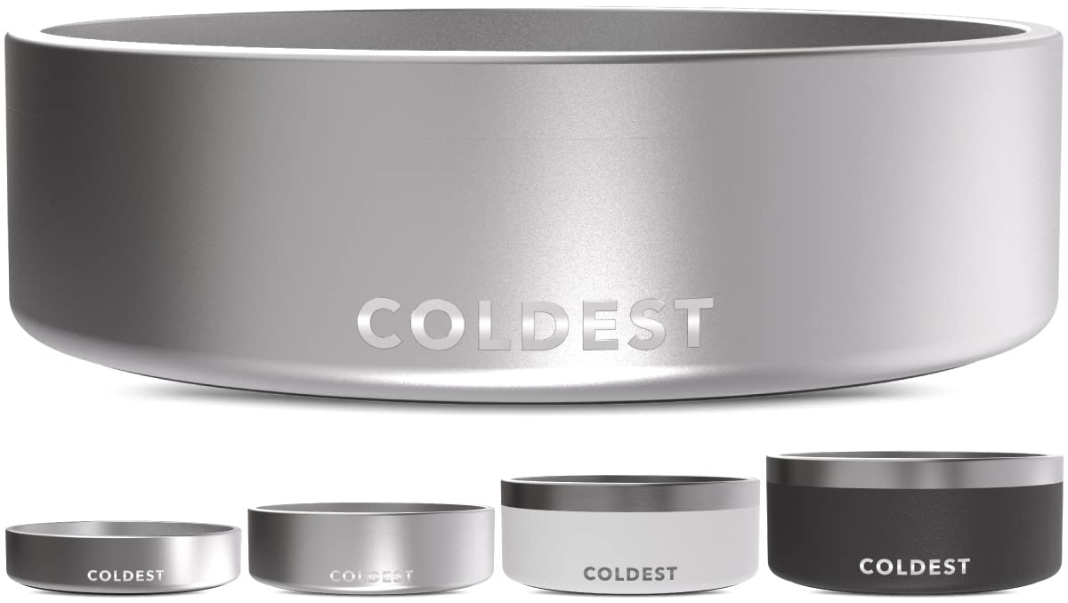 The Coldest Water dog bowl shows anti-rust metal construction for durability.