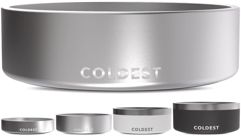 The Coldest Water dog bowl shows anti-rust metal construction for durability.