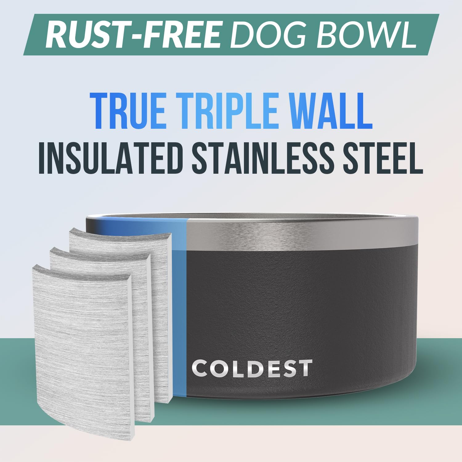The Coldest Water triple-wall insulated bowl maintains crisp water on hot days.