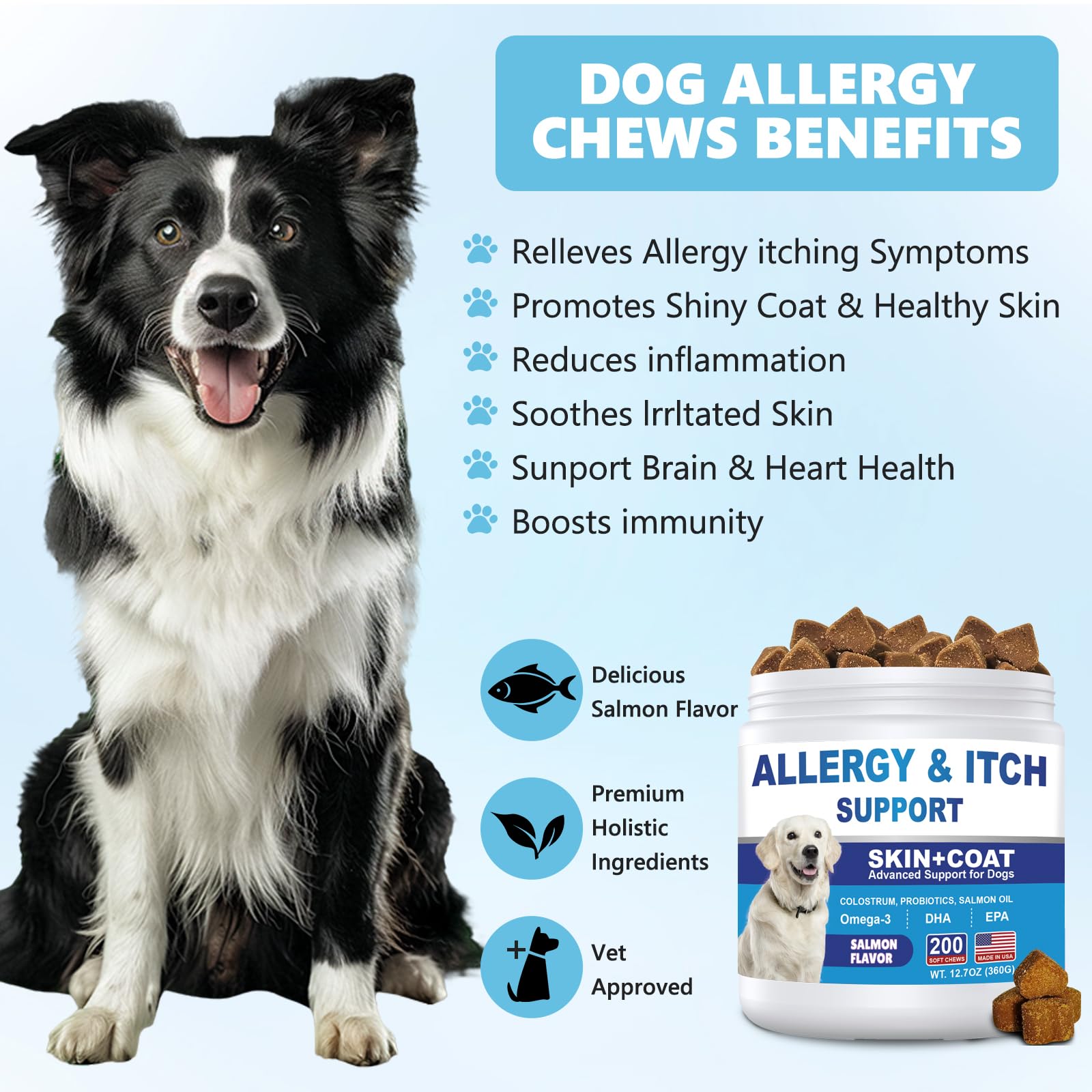 ColEaze Dog Allergy Chews bottle label shows coat health and immune support