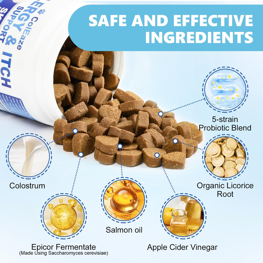 ColEaze Dog Allergy Chews dog paw closeup suggests soothing itch relief potential
