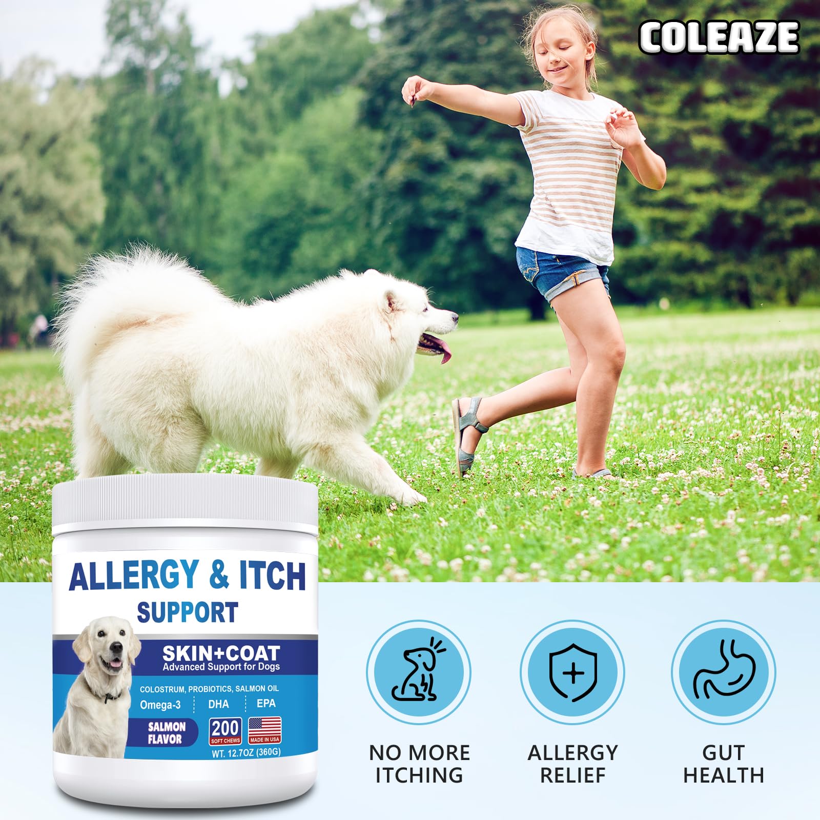 ColEaze Dog Allergy Chews ingredients closeup highlights salmon oil and colostrum
