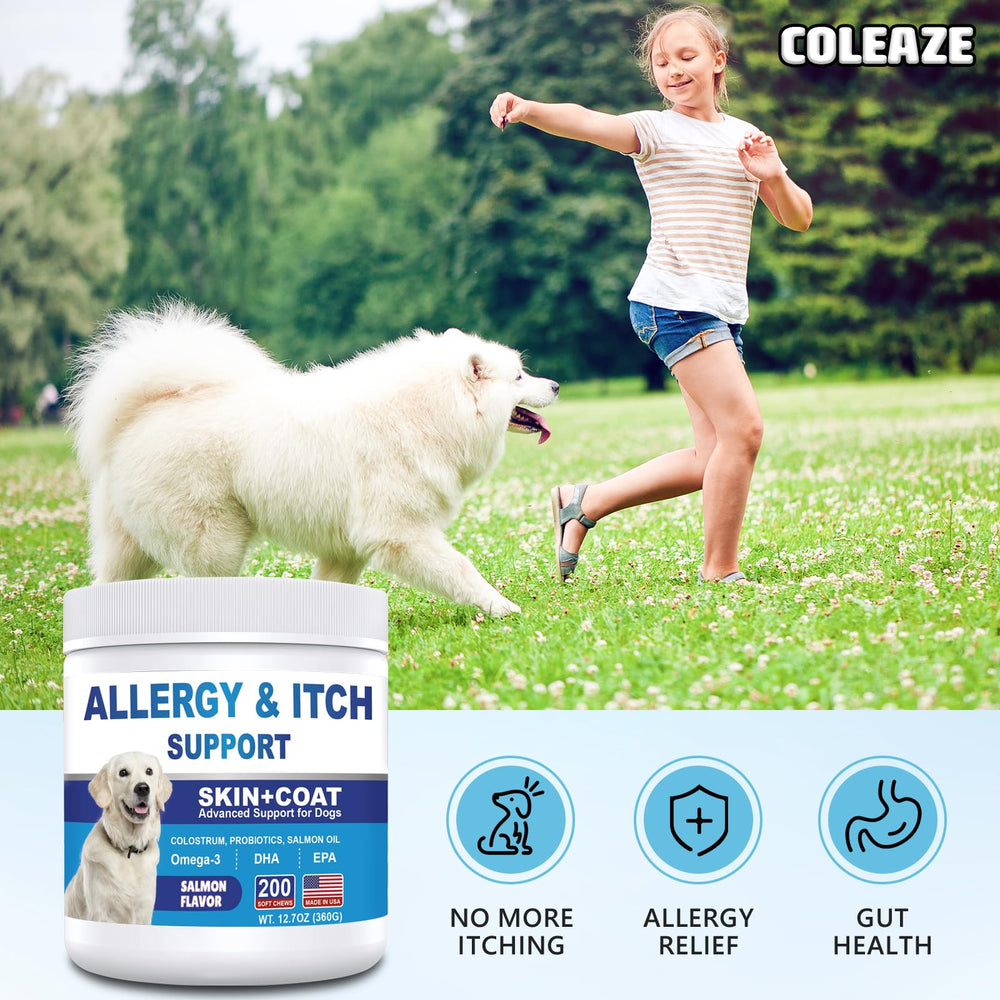 ColEaze Dog Allergy Chews ingredients closeup highlights salmon oil and colostrum