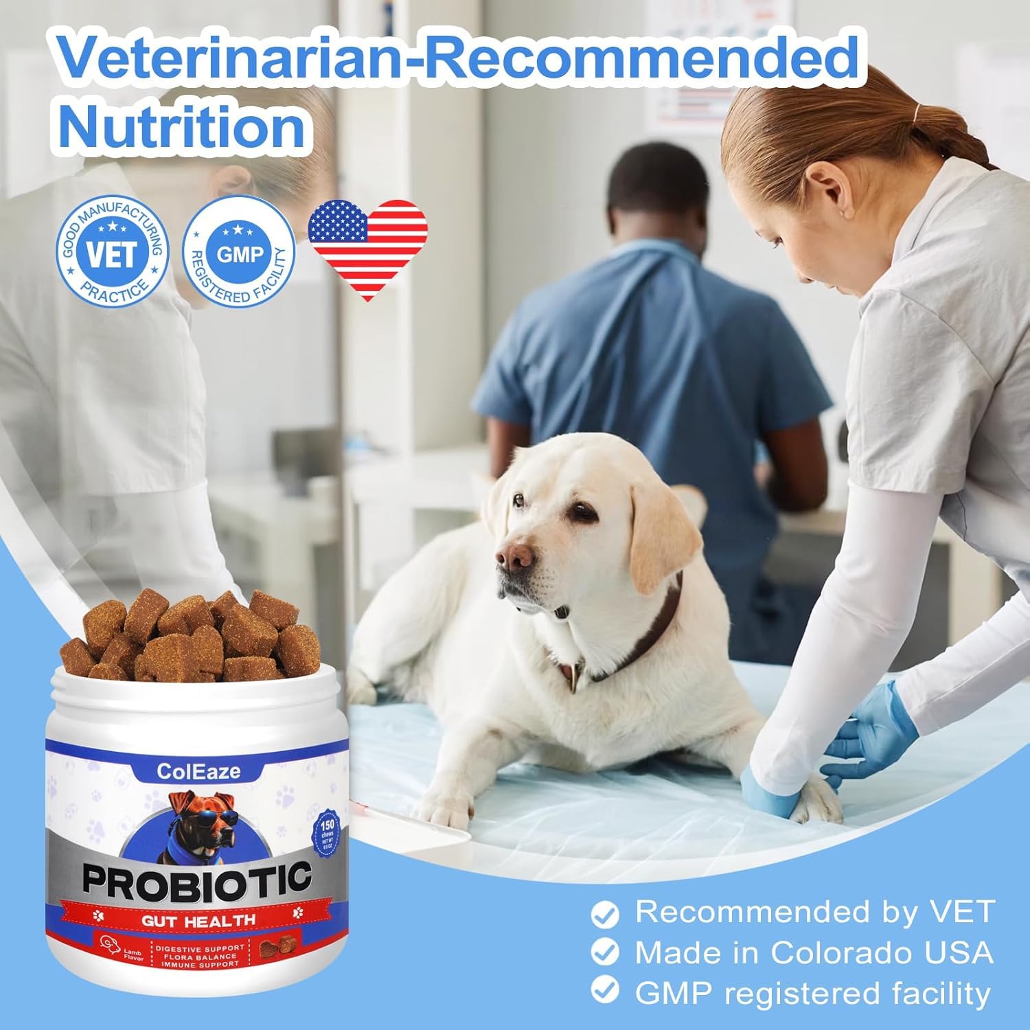 ColEaze Probiotics for Dogs Chews bottle on shelf for daily digestive support.