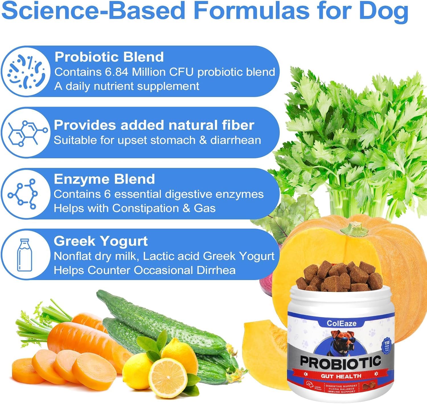 ColEaze Probiotics for Dogs Chews closeup treats aid digestion and flavor appeal.