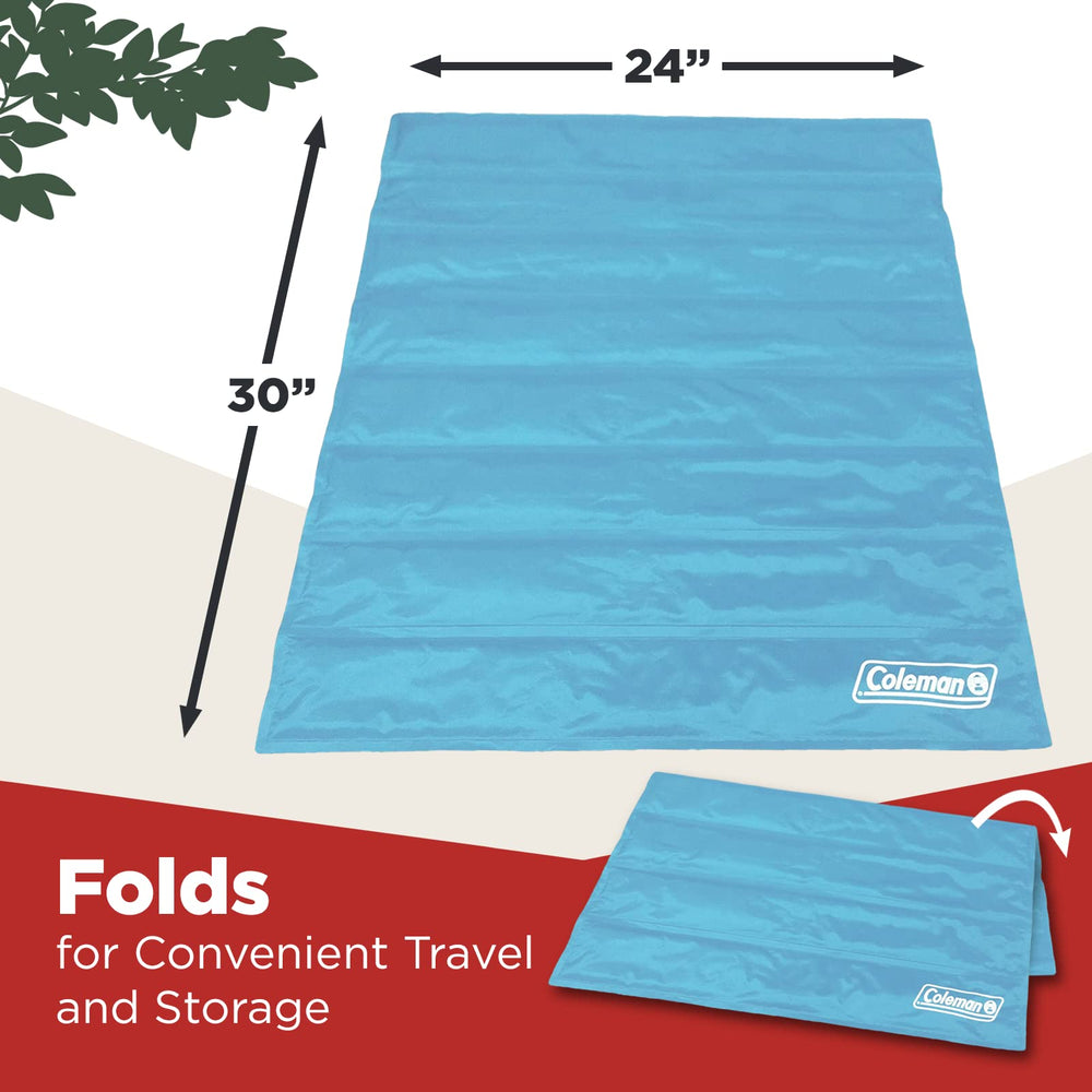 Coleman Comfort Cooling Pet Pad blue in crate used for cozy travel