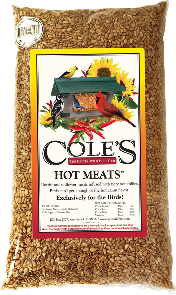 Cole's HM05 Hot Meats bird seed 5-lb bag showcases all-natural ingredients for bird-friendly feeding.