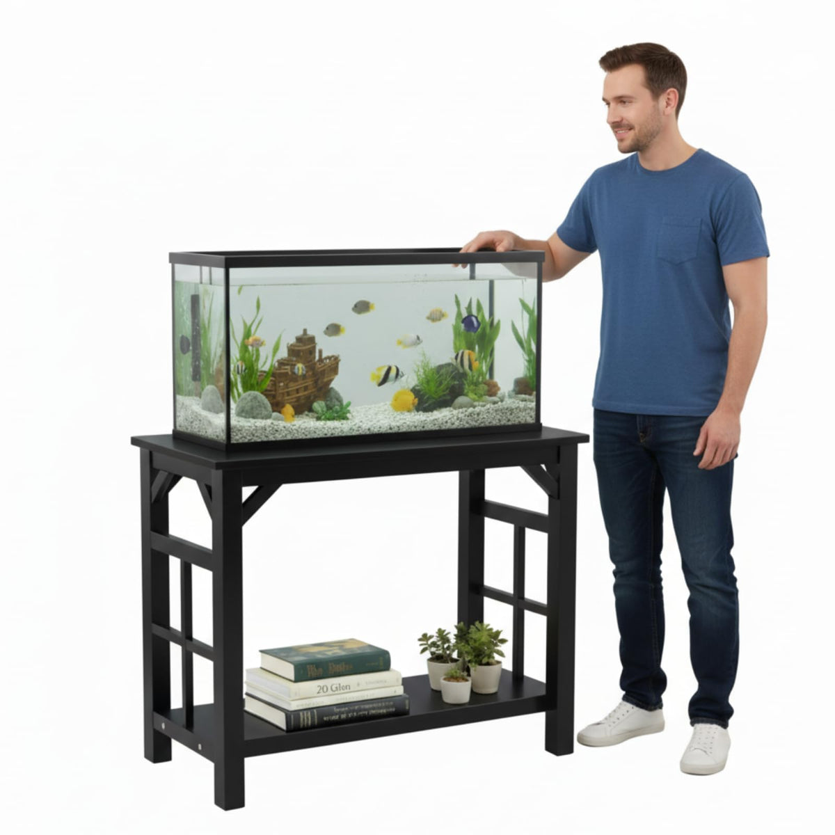 Colingmill solid wood fish tank stand in black, front view, showcasing sturdy construction.