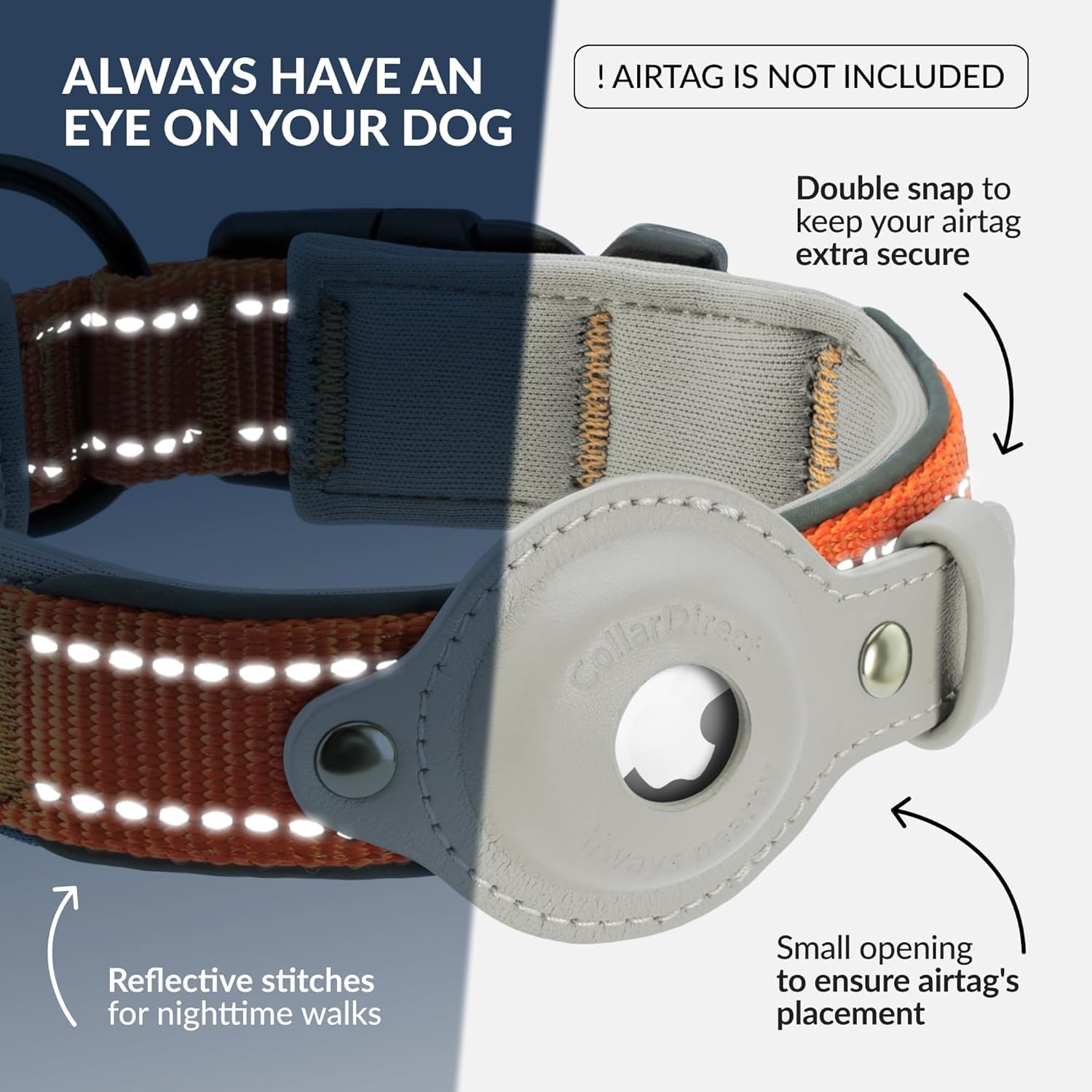 CollarDirect AirTag dog collar with neoprene interior for soft, comfortable wear