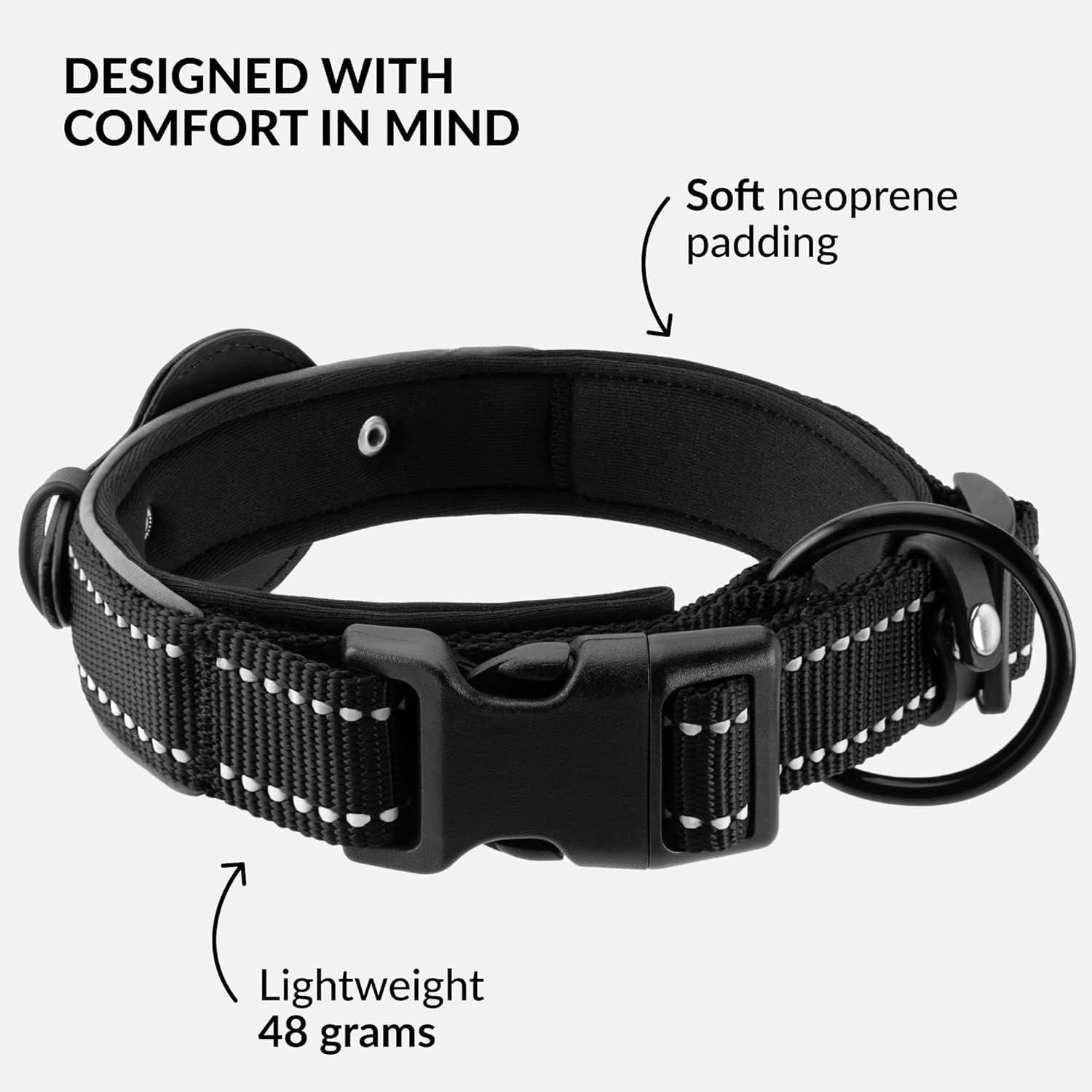 One-click button on CollarDirect AirTag collar provides quick leash attachment.