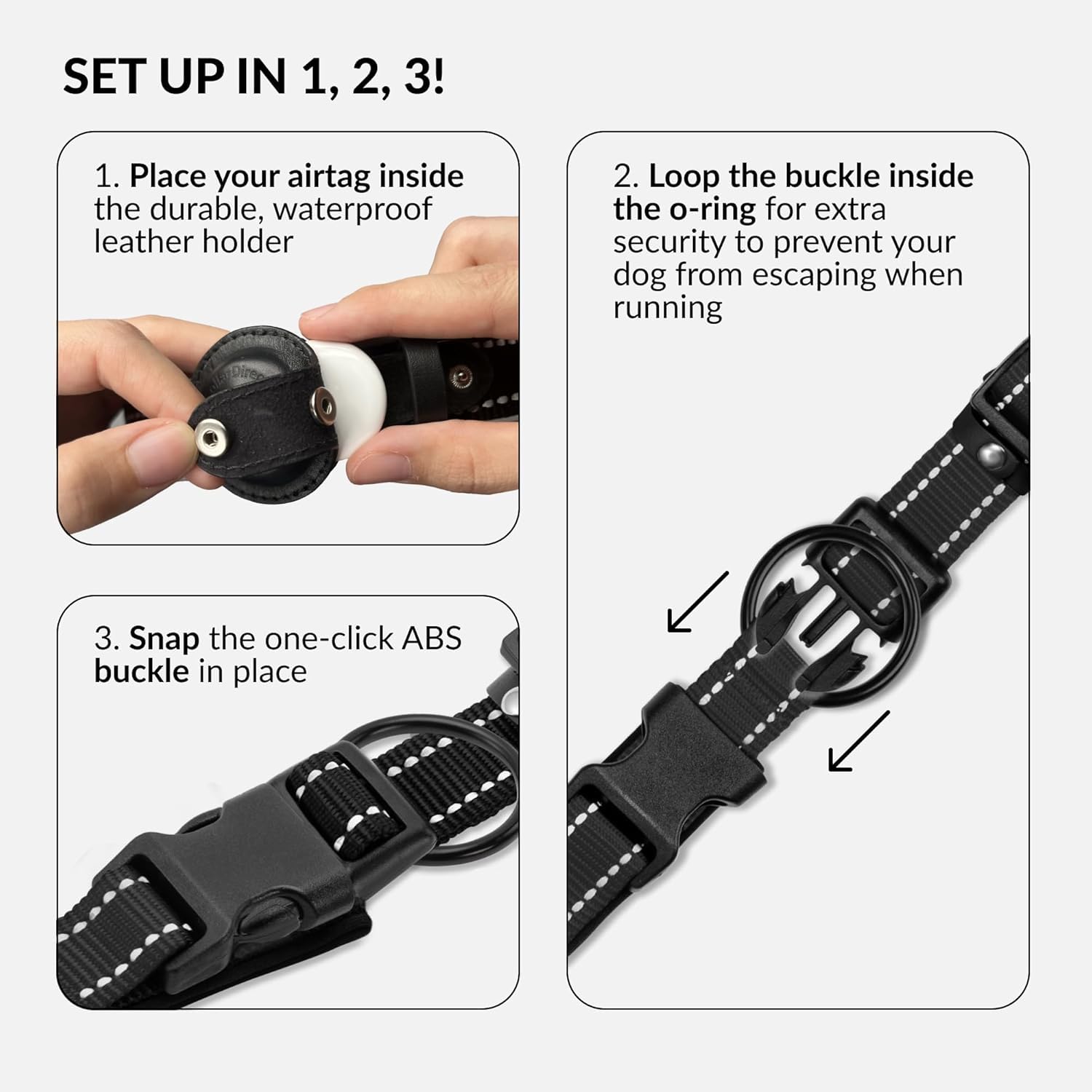 Zinc alloy O-ring secures the leash on CollarDirect AirTag collar.