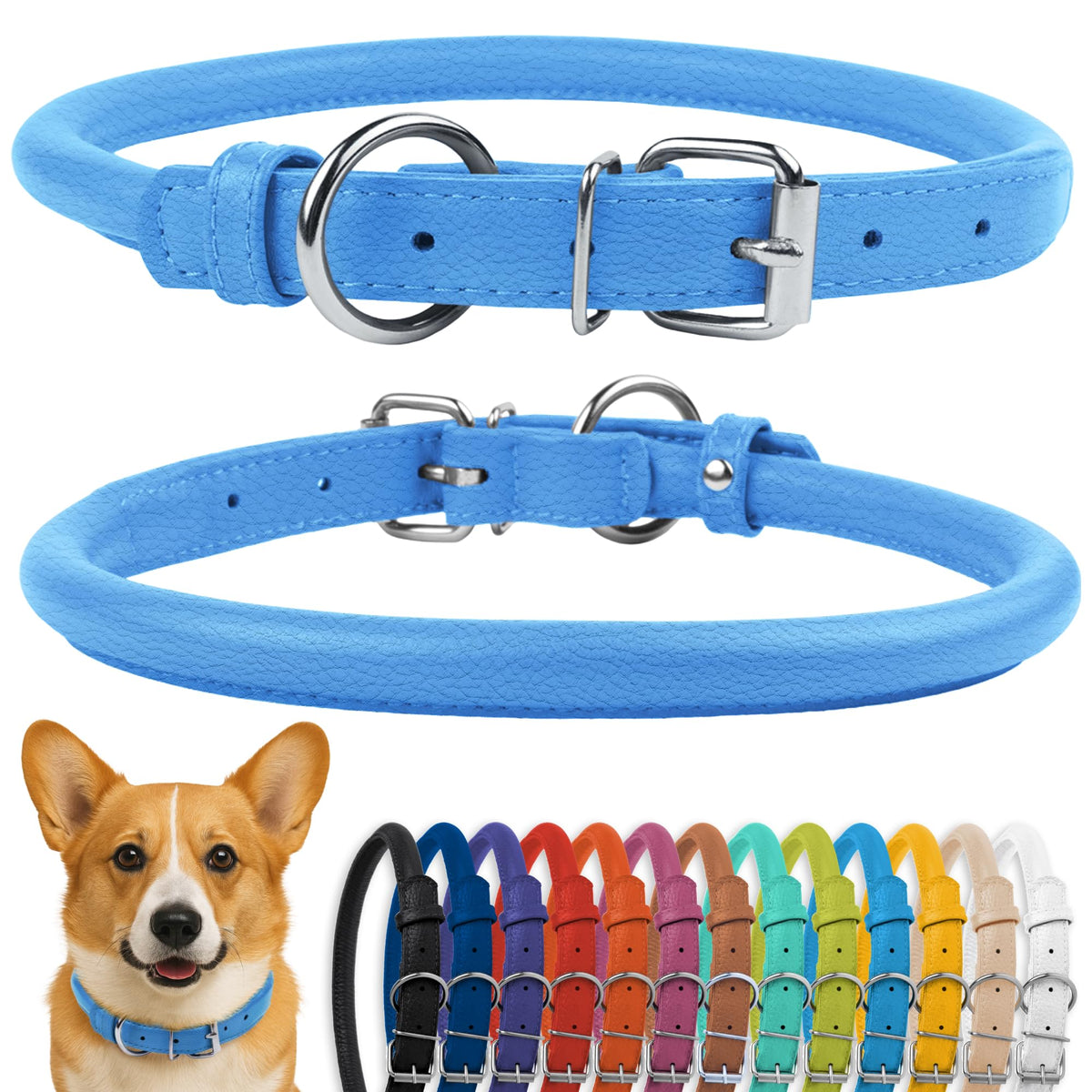 CollarDirect collar de cuero enrollado azul claro texturizado, cómodo para pelo largo y fácil de limpiar.