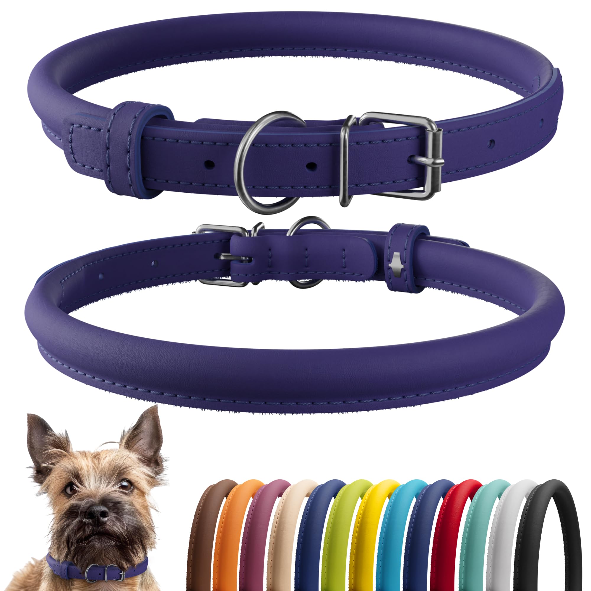CollarDirect collar enrollado de cuero morado suave para pelo largo y comodidad diaria.