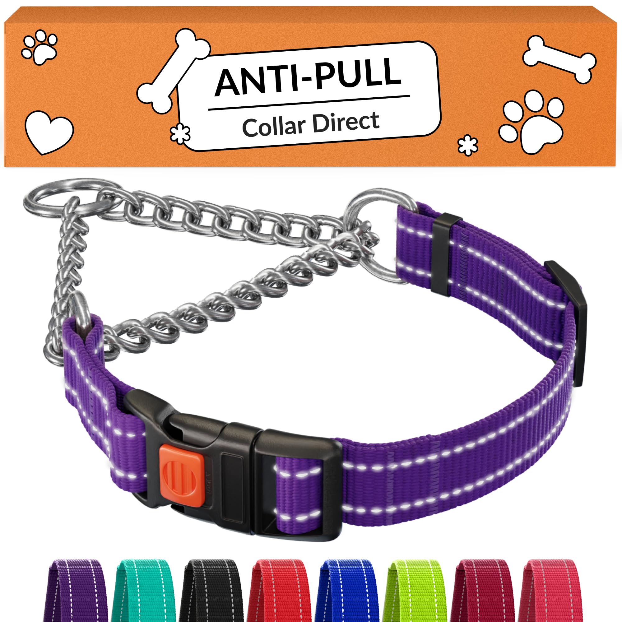 CollarDirect Martingale morado con cierre rápido para perros grandes, fácil de colocar y ajustar.