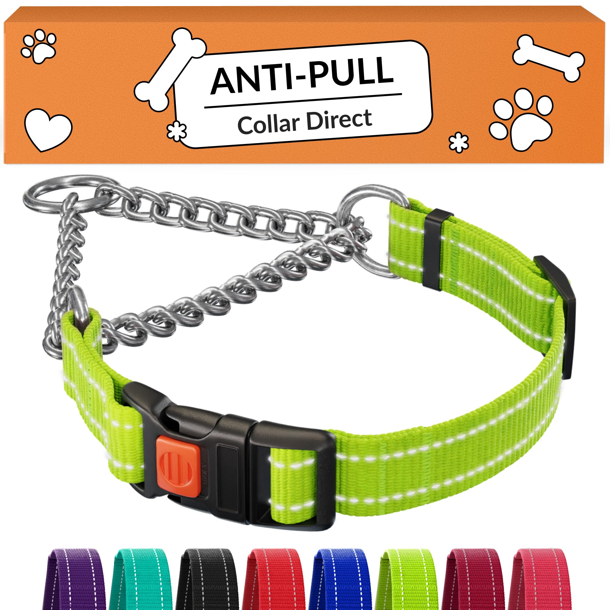 CollarDirect Martingale con reflectivo y cadena de acero inoxidable para mayor visibilidad nocturna.