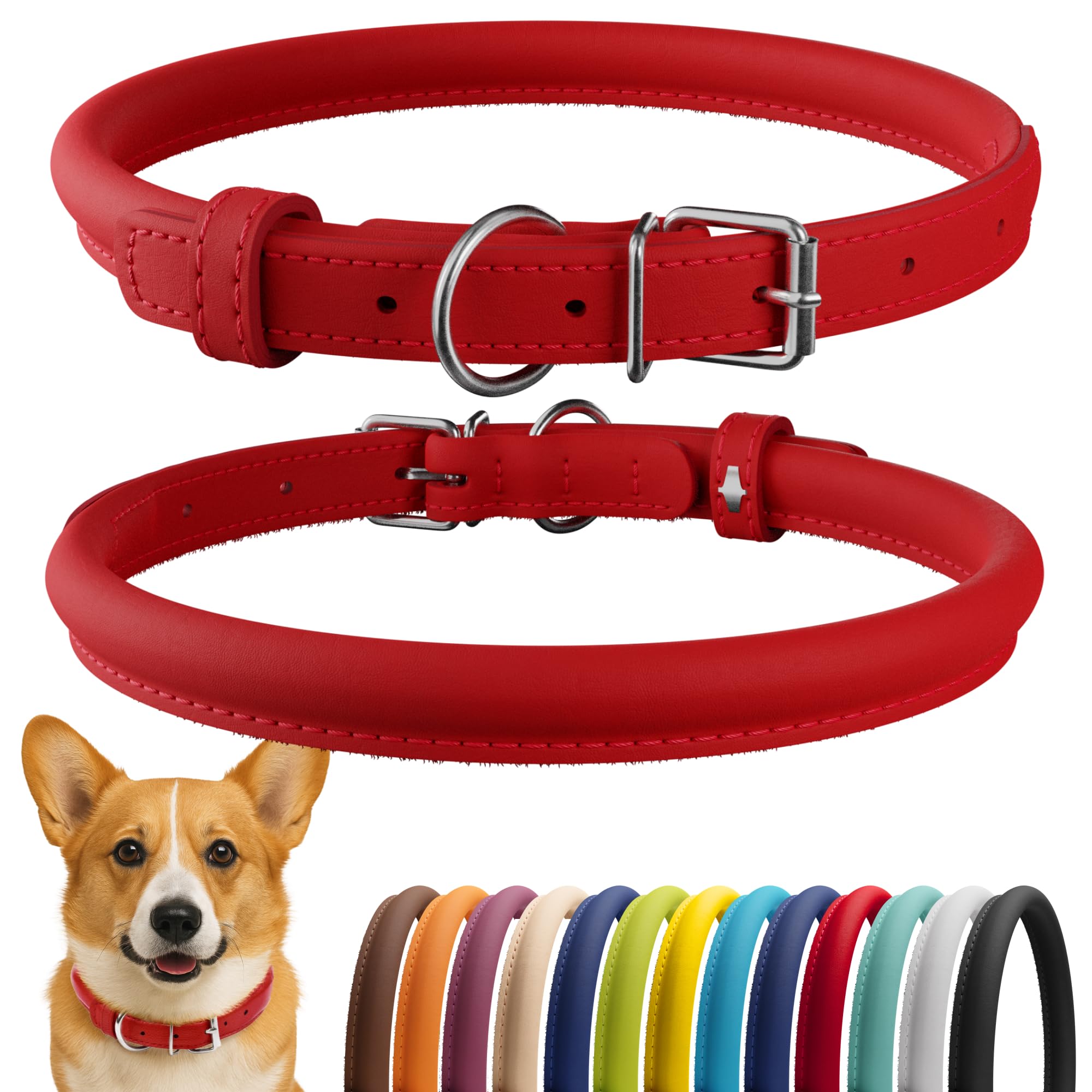 CollarDirect collar rodado de cuero suave rojo, ideal para pelo largo sin enredos.