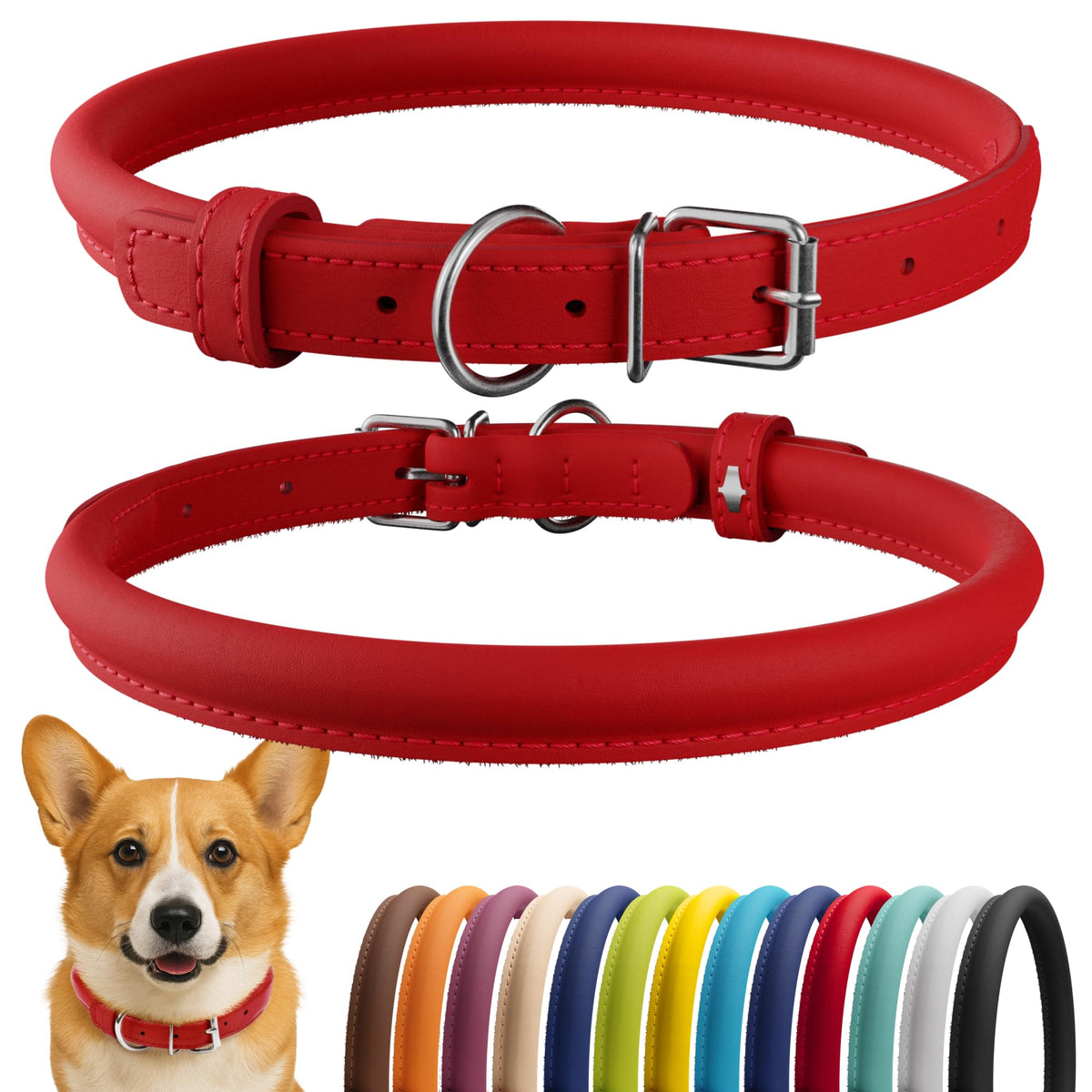 CollarDirect collar rodado de cuero suave rojo, ideal para pelo largo sin enredos.