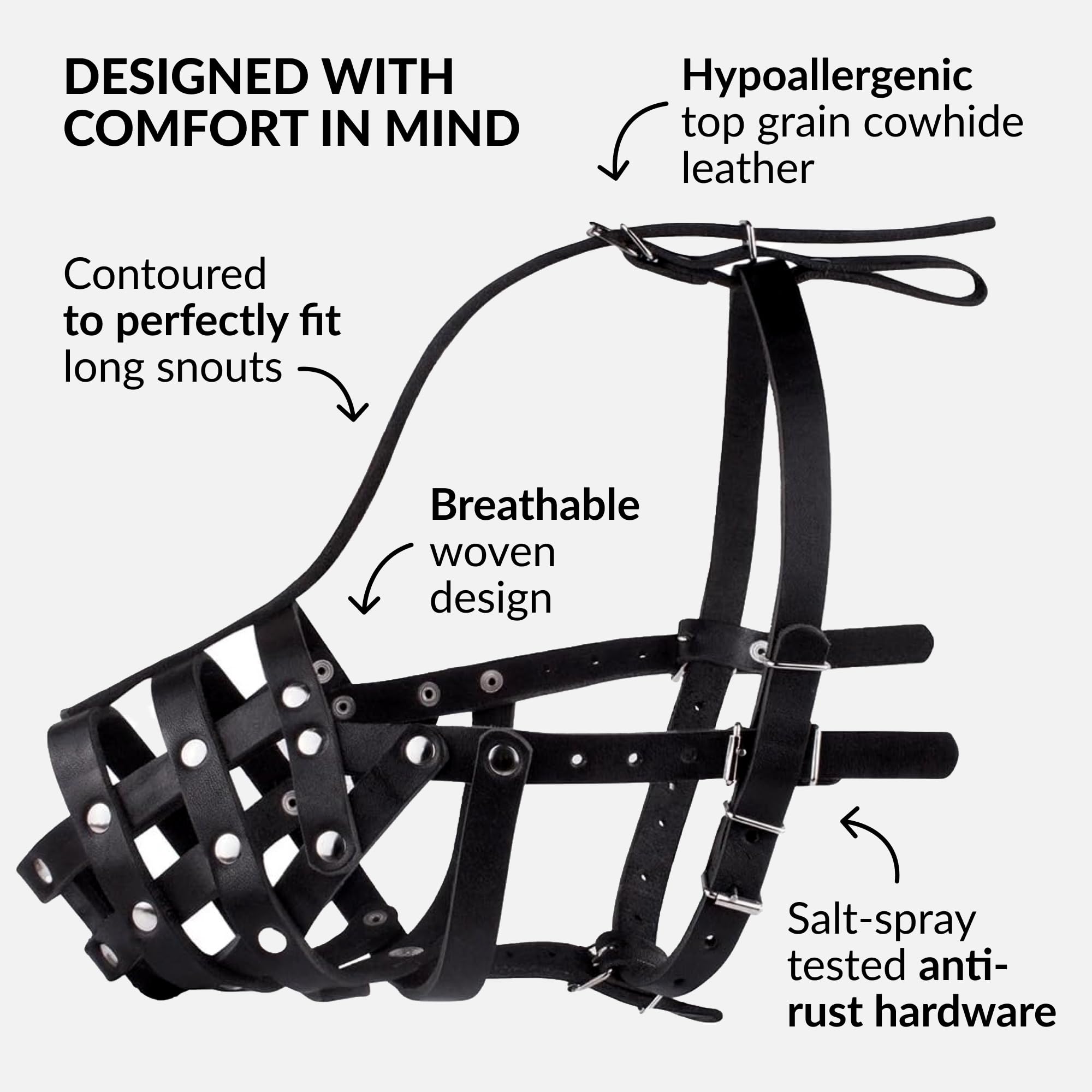 CollarDirect muzzle size guide for medium and large breeds with precise A and B measurements.