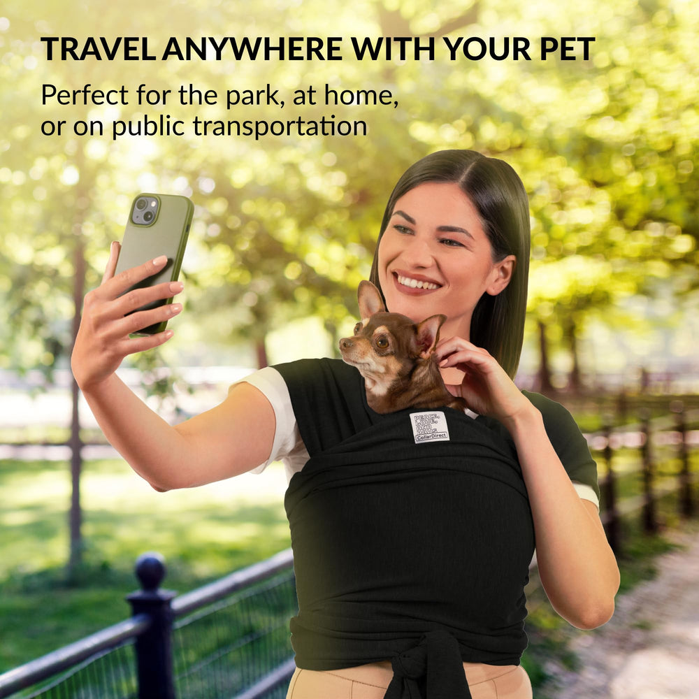 CollarDirect sling in green demonstrates secure fit during errands and outdoor moments.