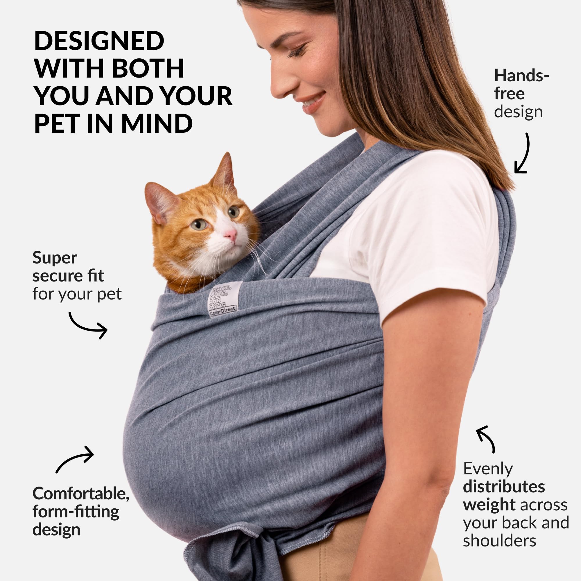 CollarDirect dog sling shoulder-fit demonstrates comfortable wear for any user.