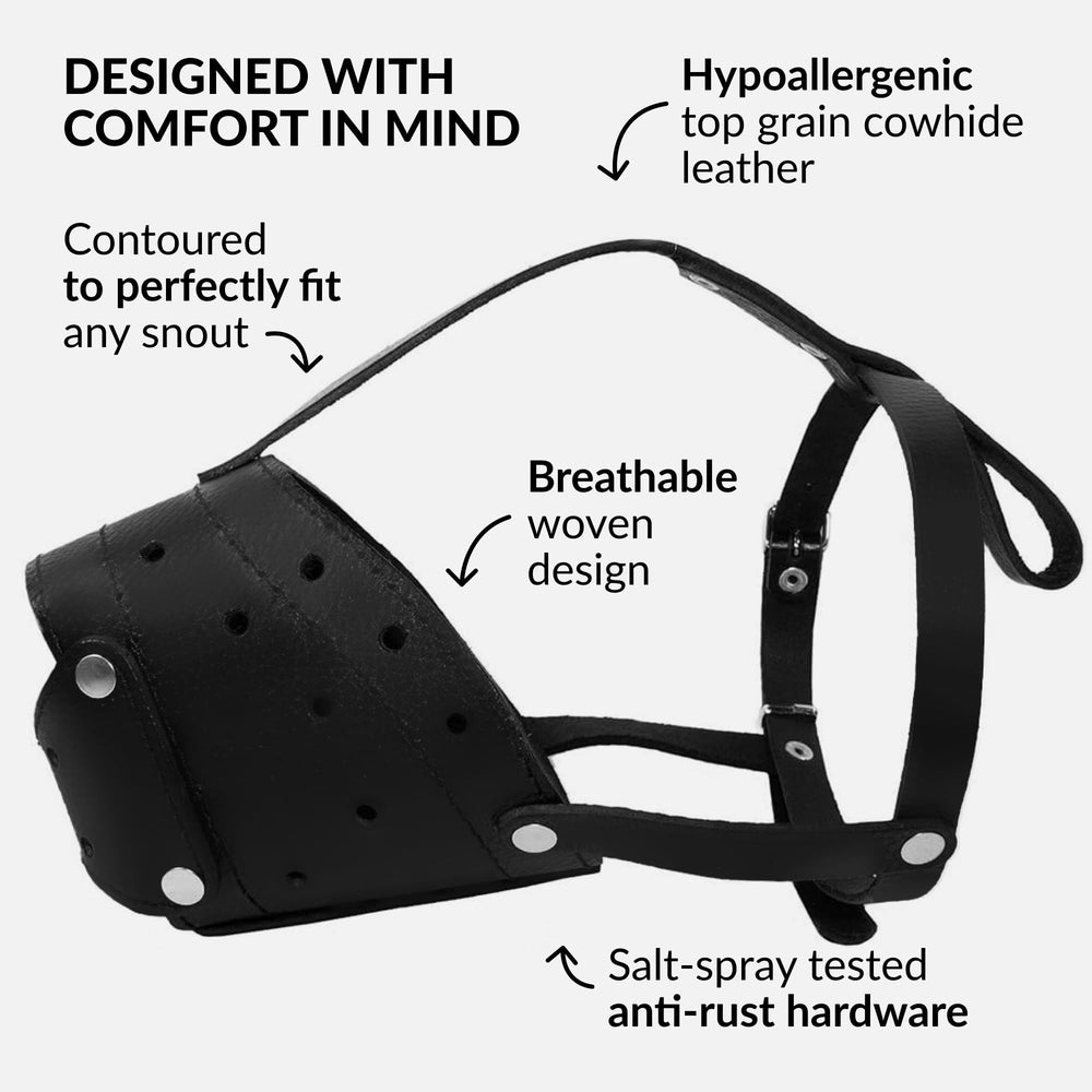 CollarDirect leather basket muzzle adjustable strap demonstrates quick, secure sizing for diverse breeds