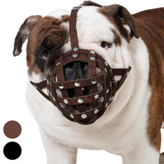 CollarDirect leather basket muzzle front view in brown offers secure comfort during walks.