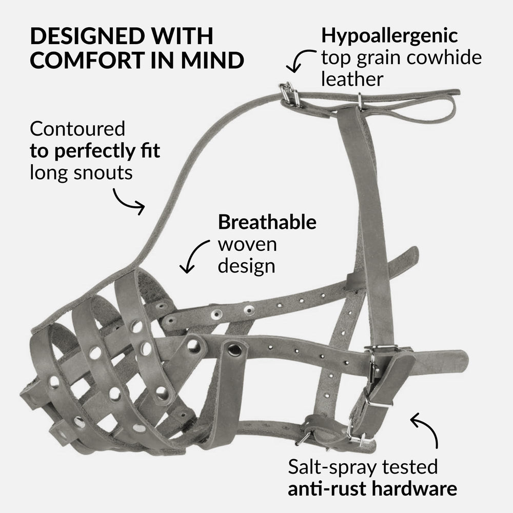 CollarDirect cross-weave leather muzzle highlighting breathable design.