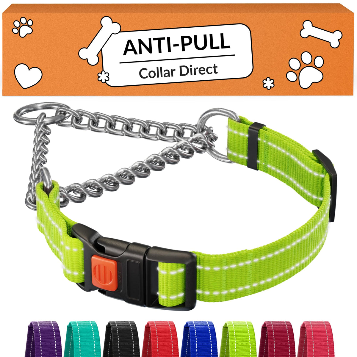 CollarDirect martingale lime-green collar for large dogs with reflective stitching for safety