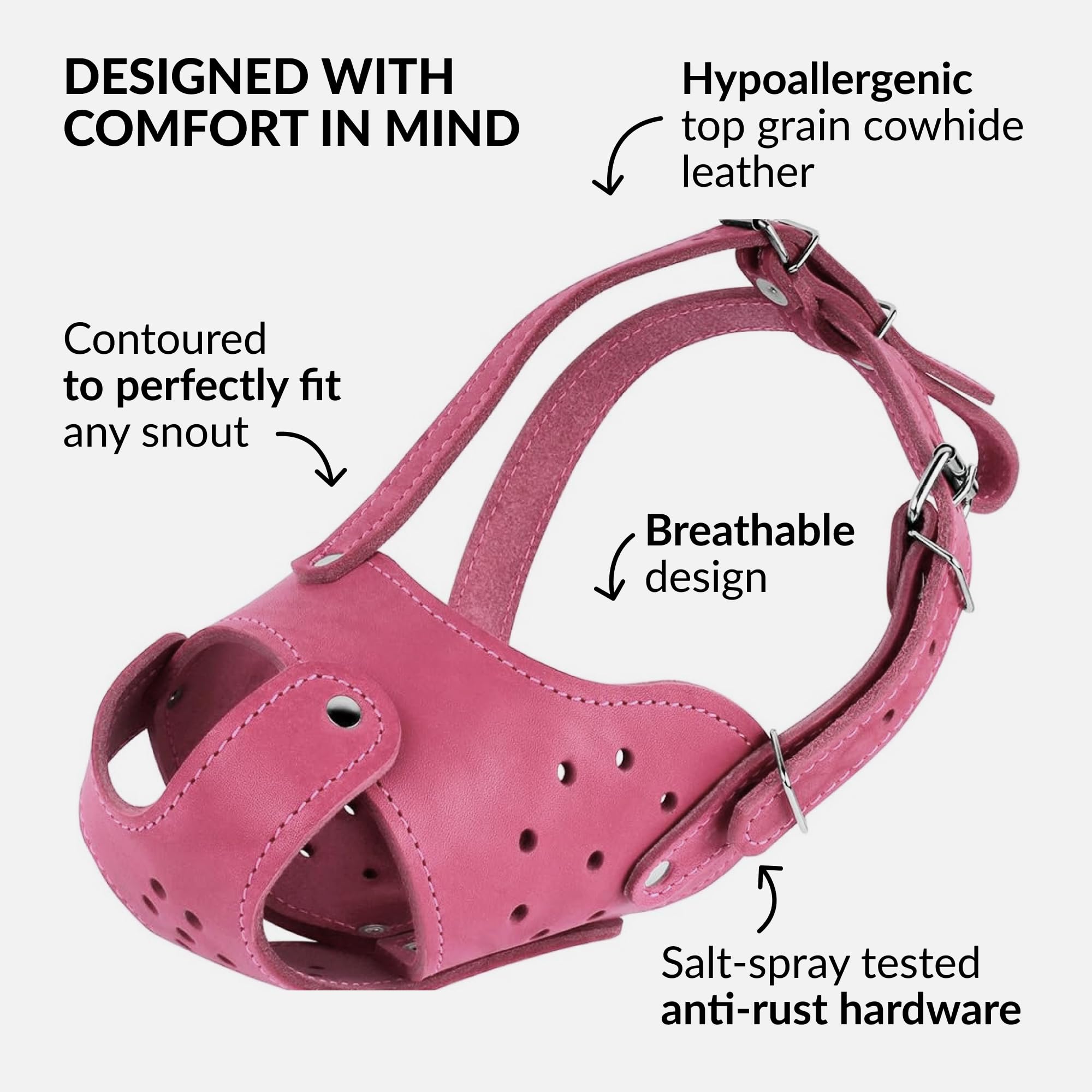 CollarDirect pink dog muzzle basket-weave leather texture close-up communicates quality and durability for everyday use.