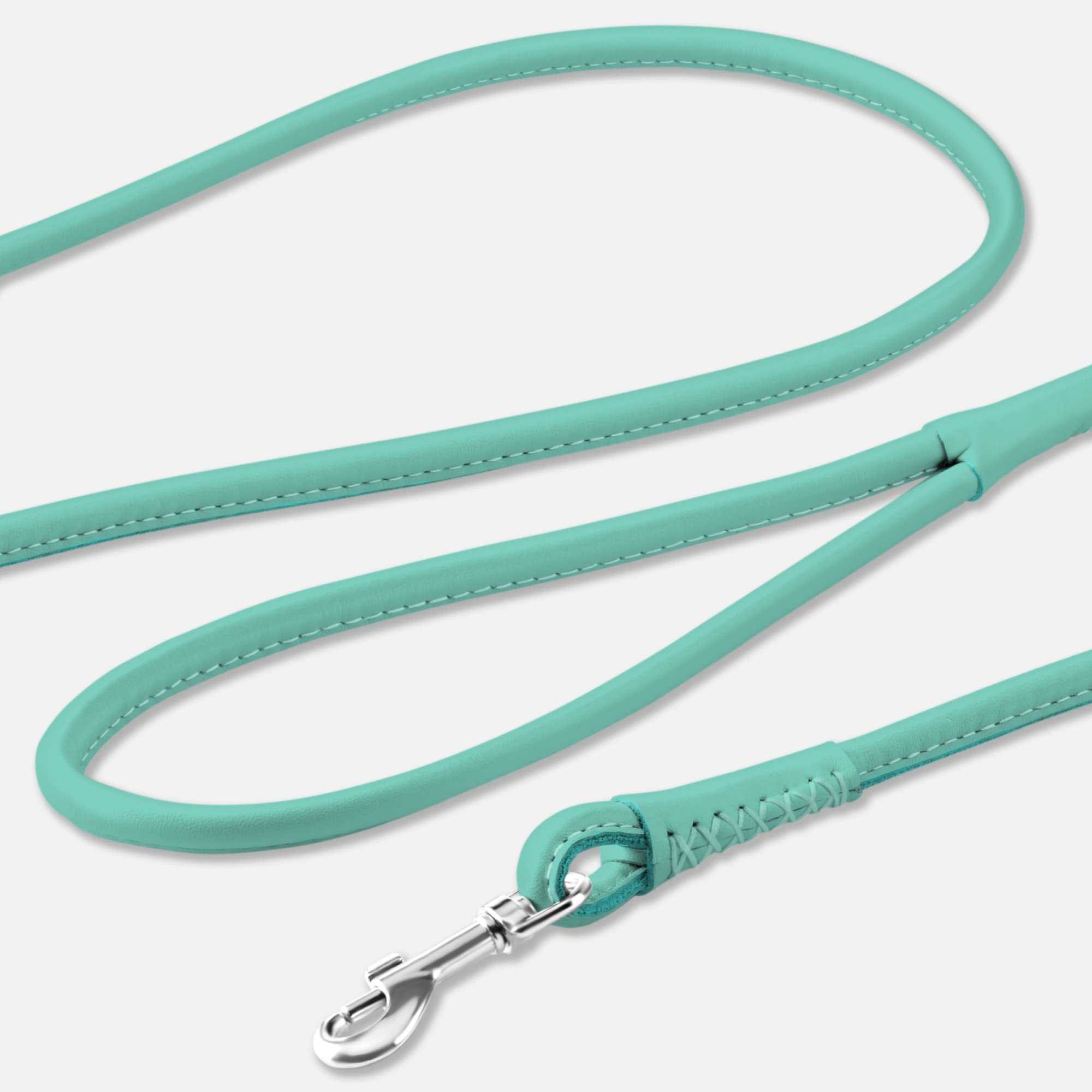 CollarDirect rolled leather leash 6ft blue highlights soft padding for comfortable long-leash strolls.