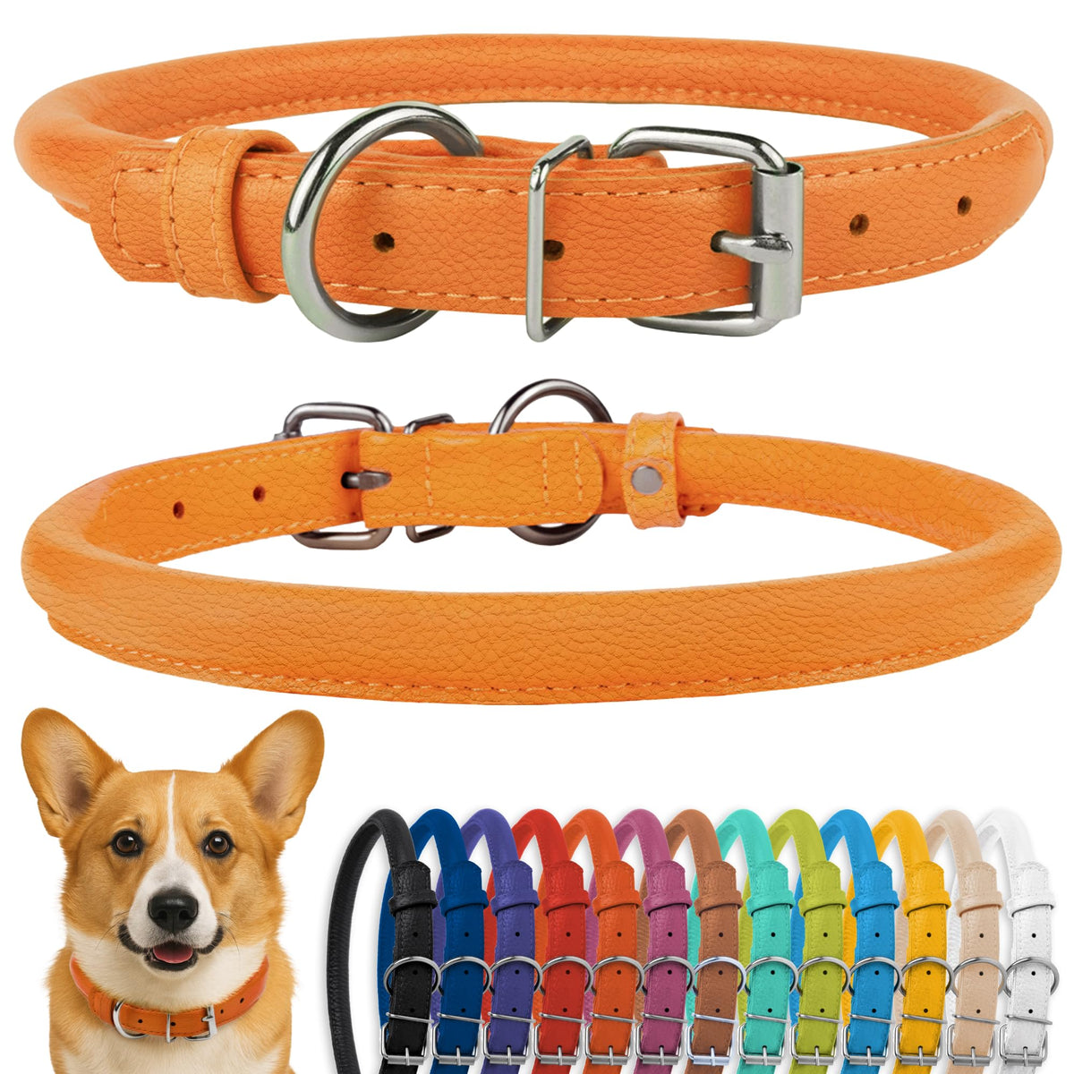 CollarDirect rolled leather collar closeup shows premium softness for long-haired dogs.