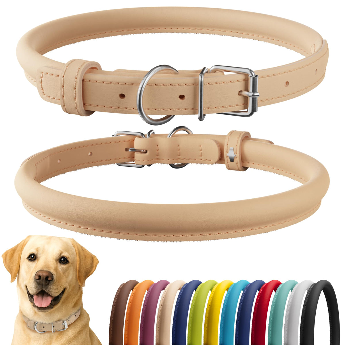 CollarDirect rolled leather collar closeup highlights soft padding for long-haired dogs.