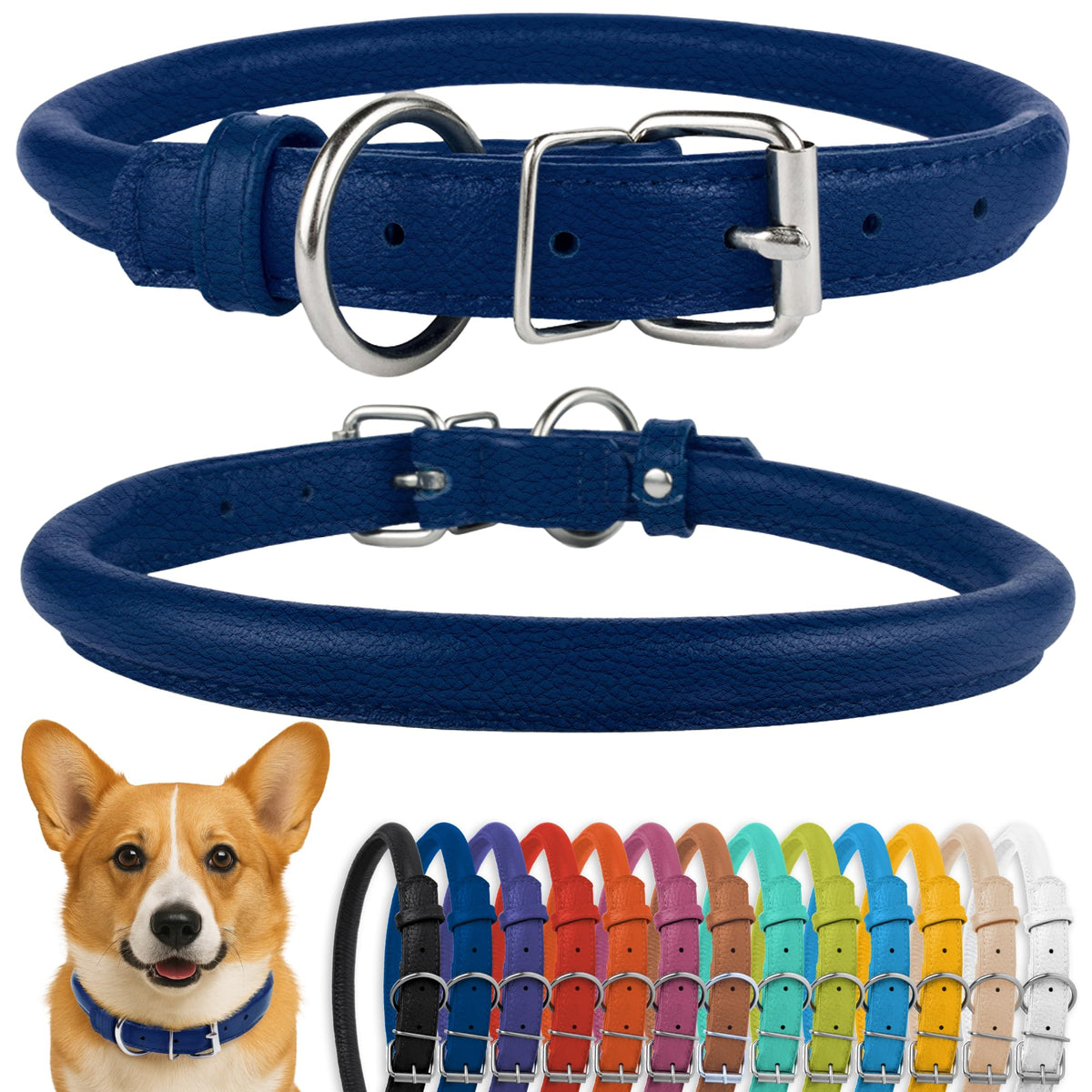 CollarDirect rolled leather collar in deep blue textured side view for smooth grooming