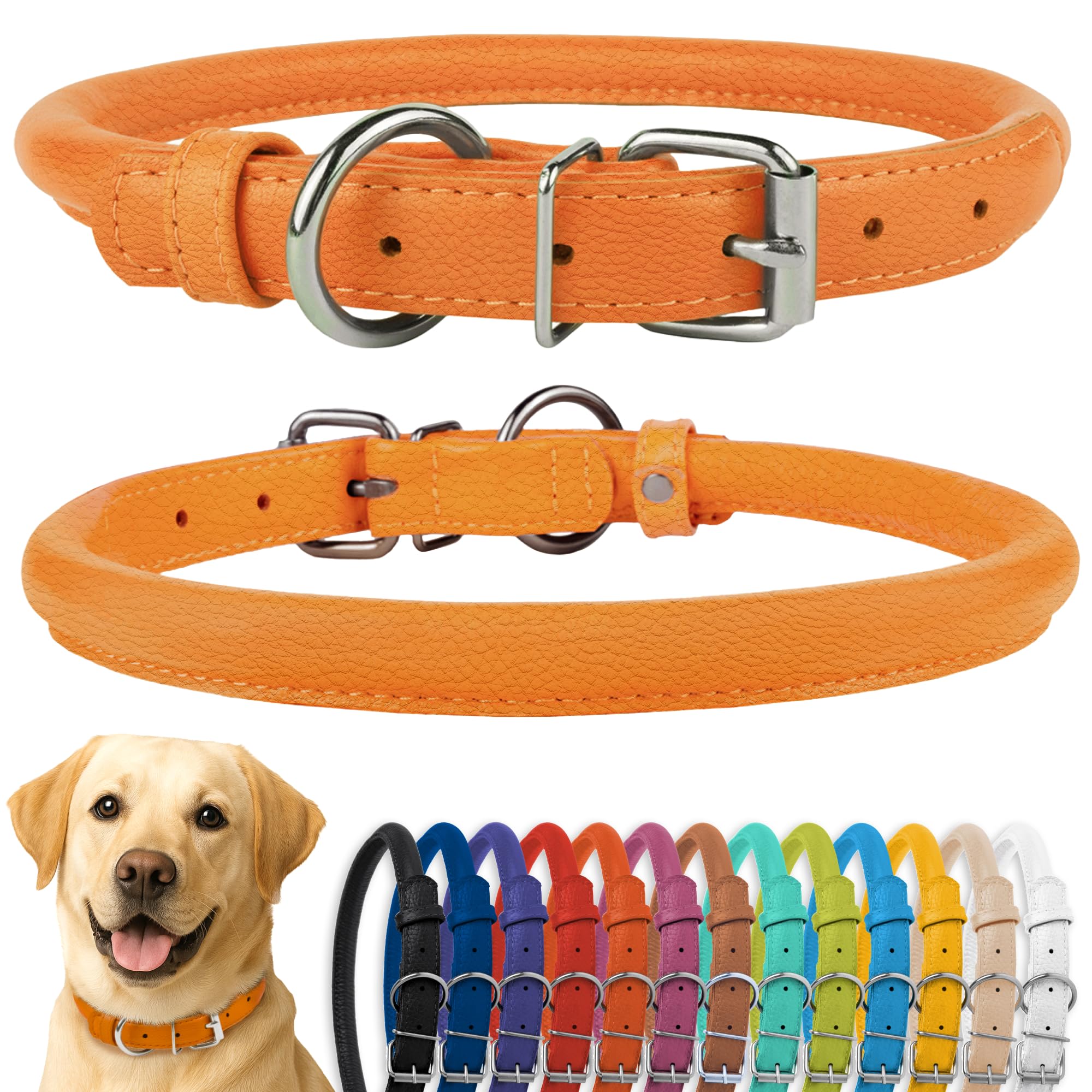 CollarDirect rolled leather collar for puppies, orange textured finish supports comfort during walks