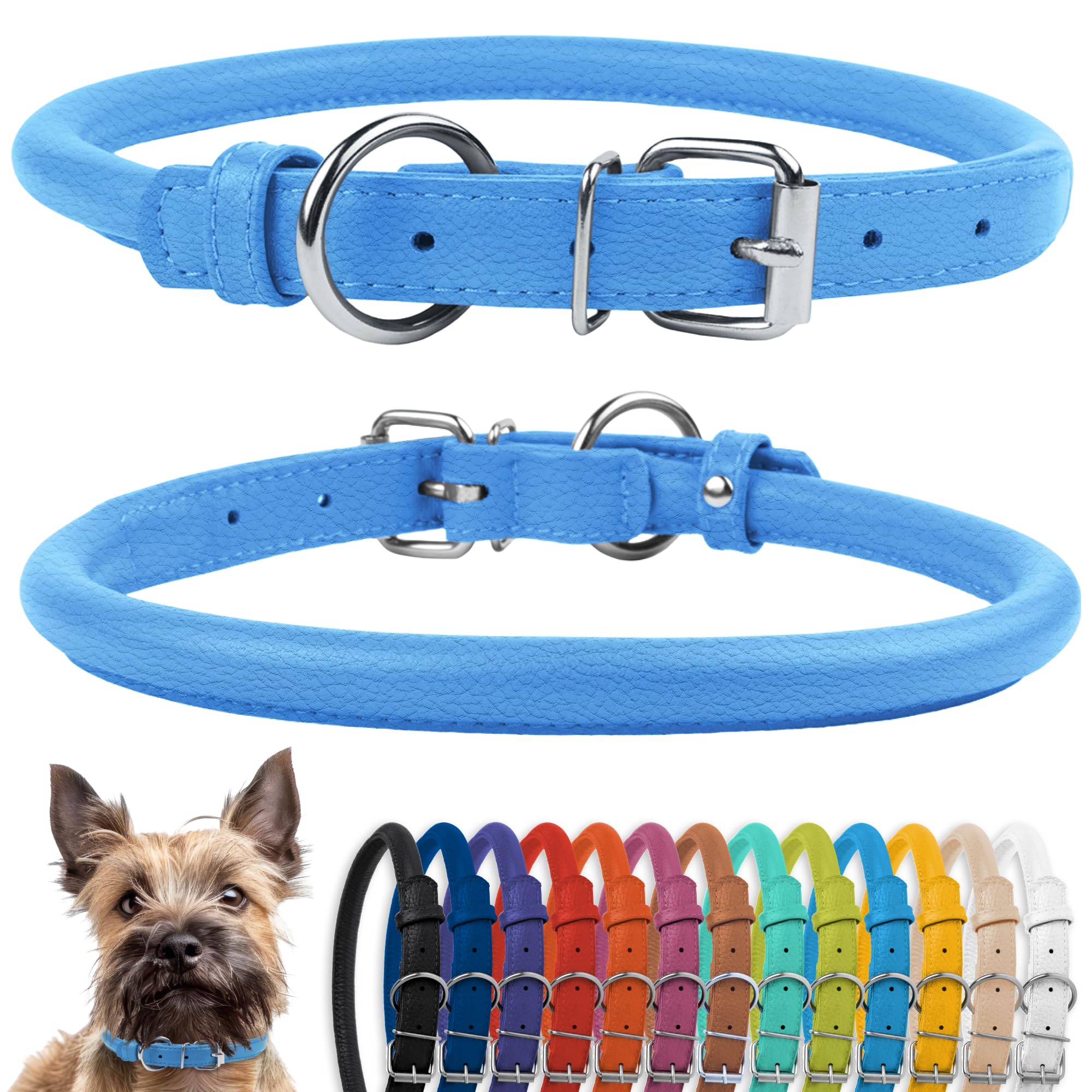 CollarDirect rolled-leather-collar closeup shows soft padding for gentle everyday wear.