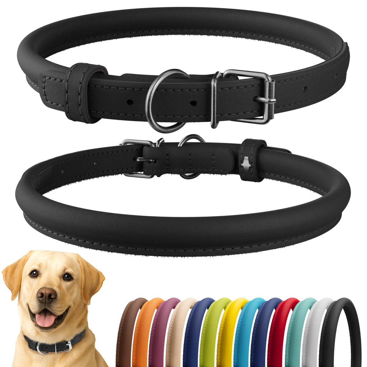 CollarDirect rolled leather collar closeup shows soft padding for comfortable wear.