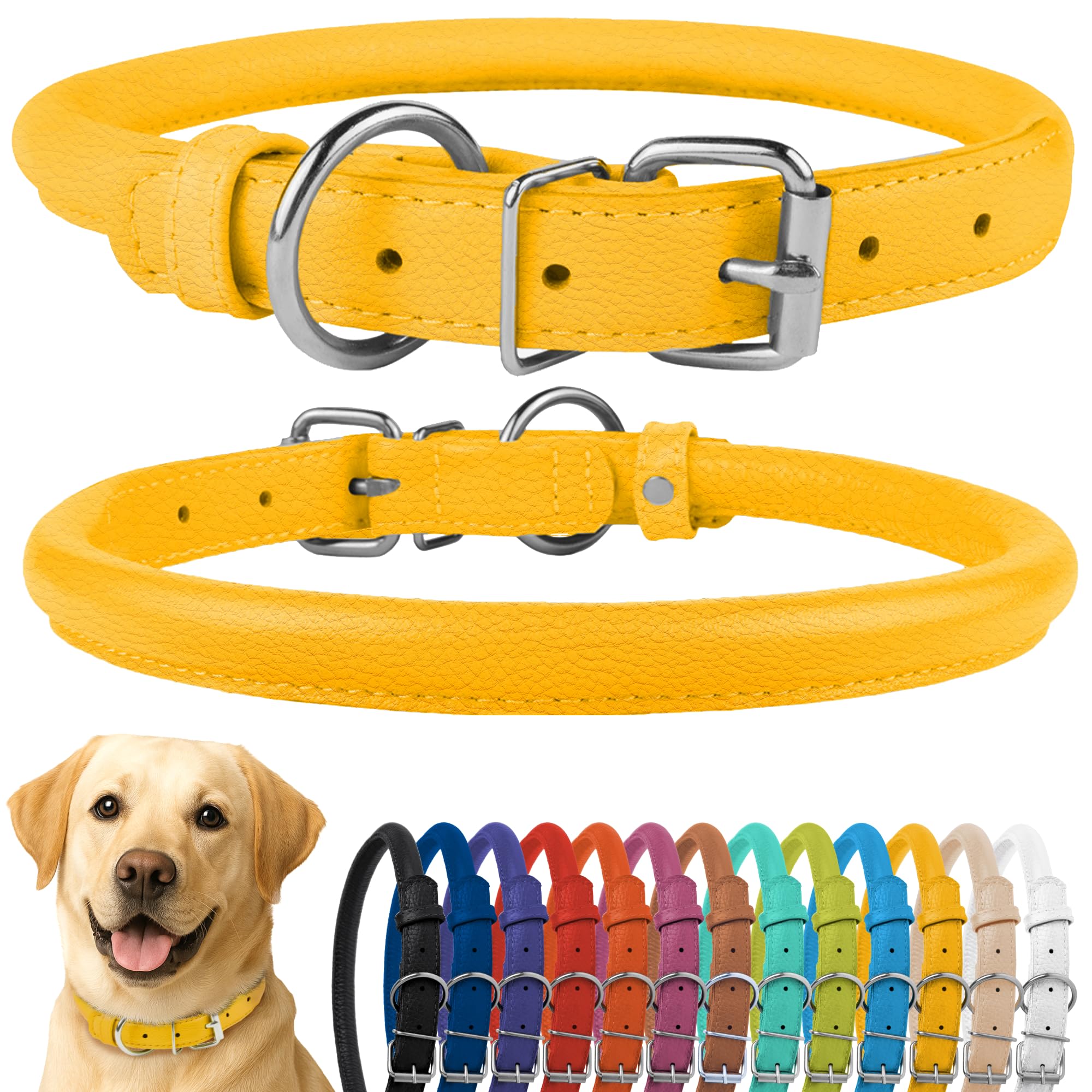 CollarDirect rolled leather collar yellow textured close-up showing soft padding for comfort.