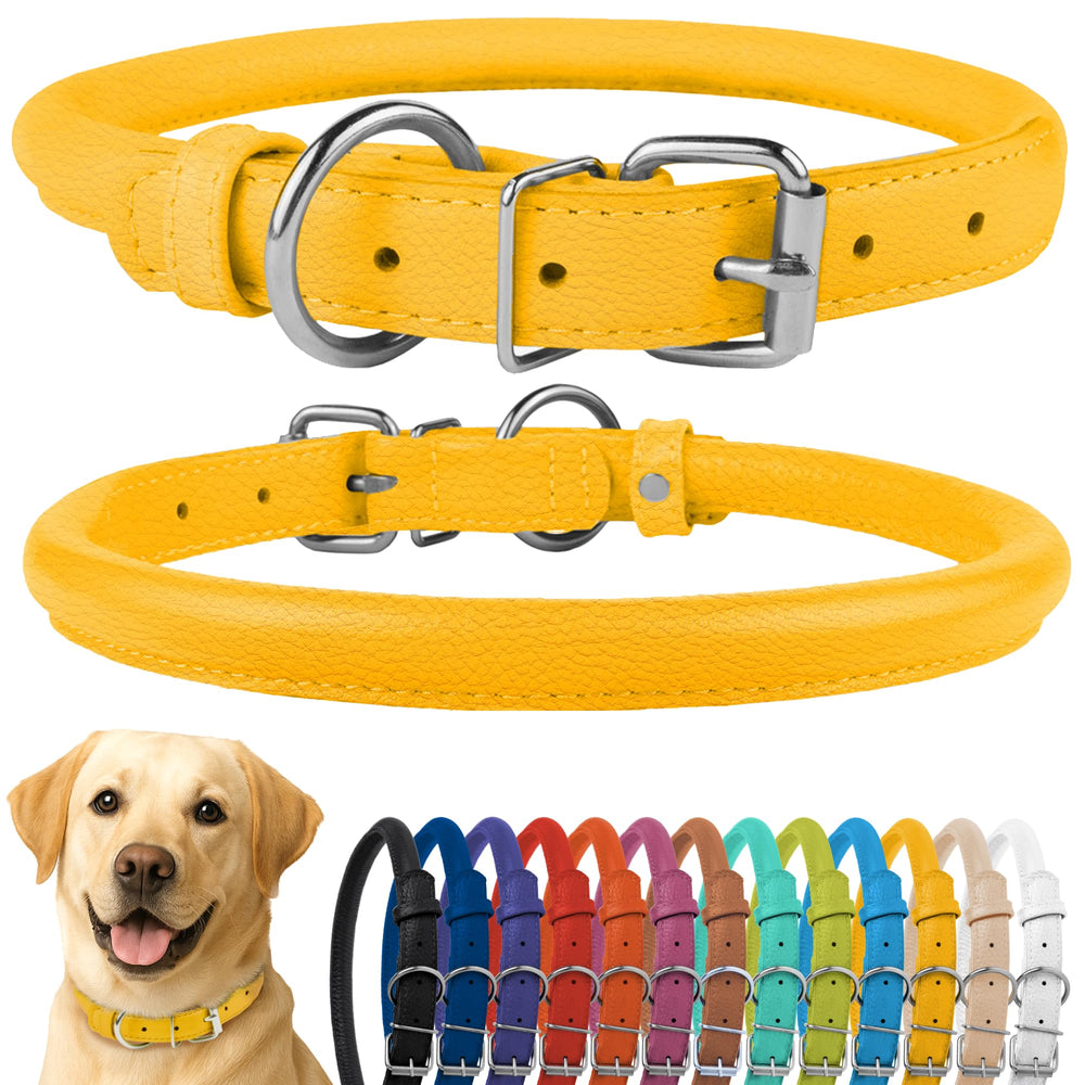 CollarDirect rolled leather collar yellow textured close-up showing soft padding for comfort.