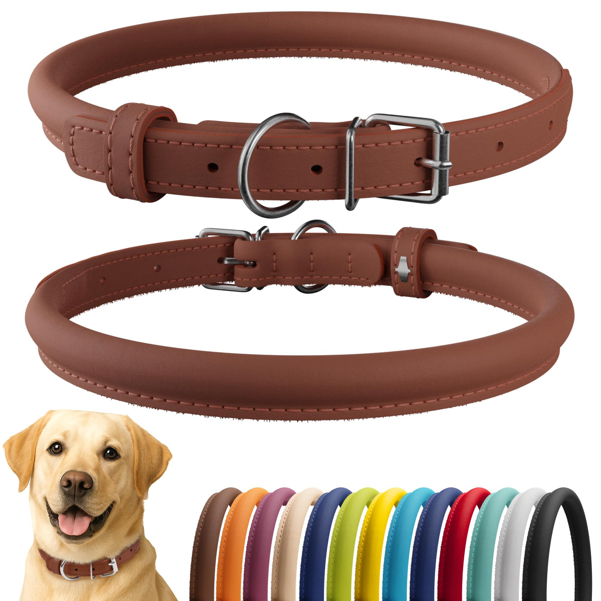 CollarDirect rolled leather dog collar cinnamon smooth closeup highlights premium comfort and style
