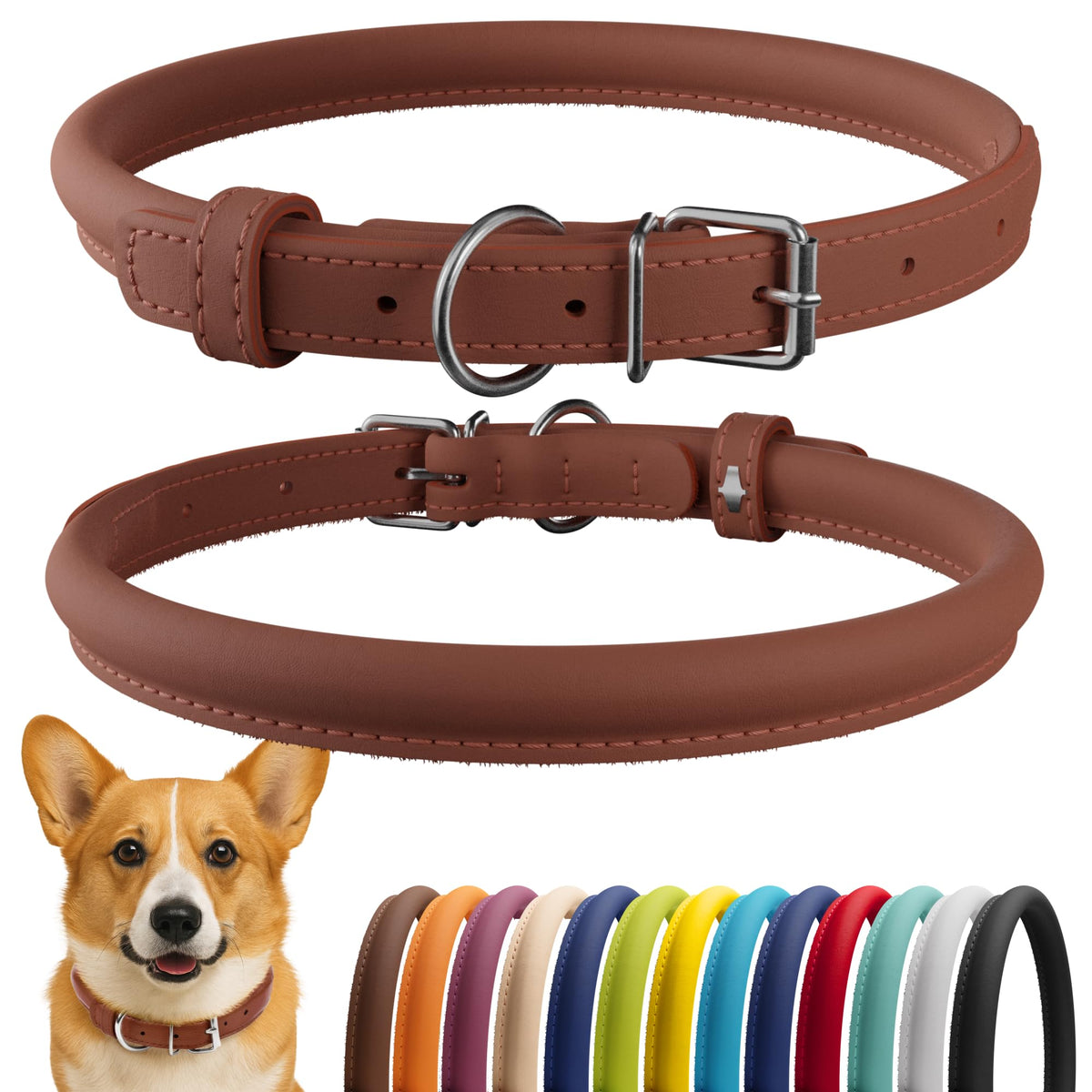 CollarDirect rolled leather dog collar close-up highlighting soft padding for long-haired breeds