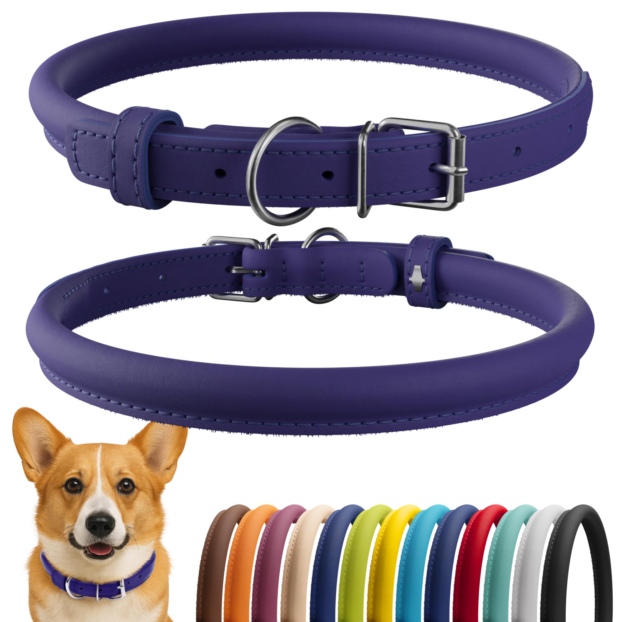 CollarDirect rolled leather dog collar closeup showcases soft padding for comfortable all-day wear.