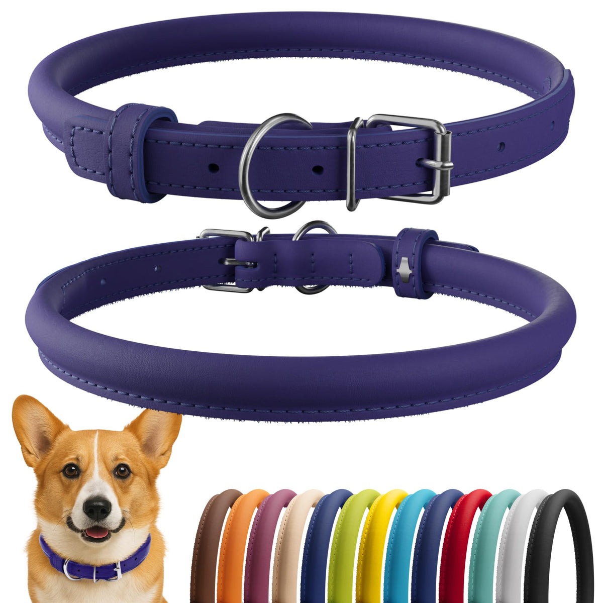 CollarDirect rolled leather dog collar closeup showcases soft padding for comfortable all-day wear.