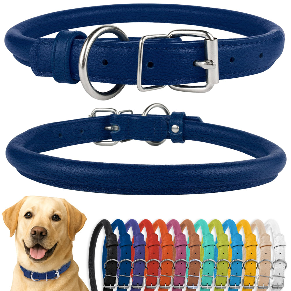 CollarDirect rolled leather dog collar in deep blue textured finish for daily comfort