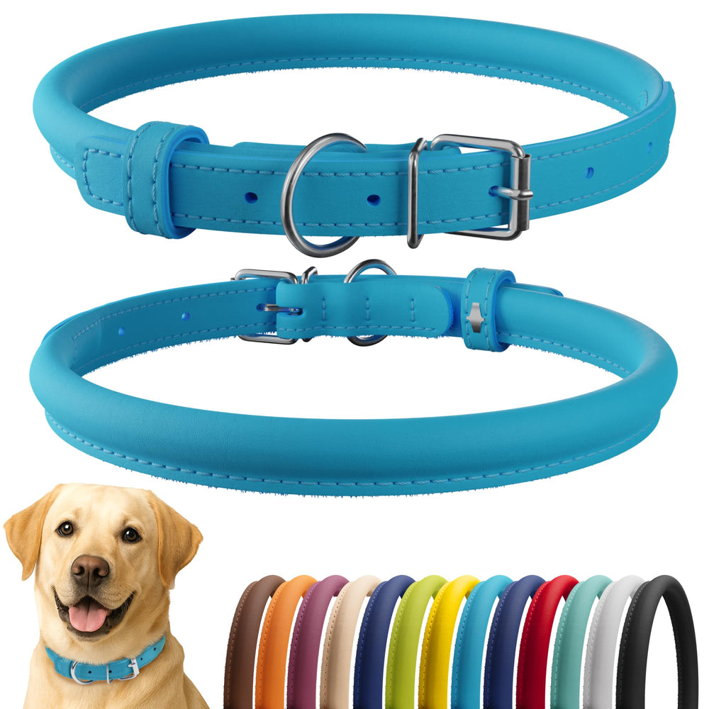 CollarDirect rolled leather dog collar light blue smooth offers gentle fit for long-haired breeds.