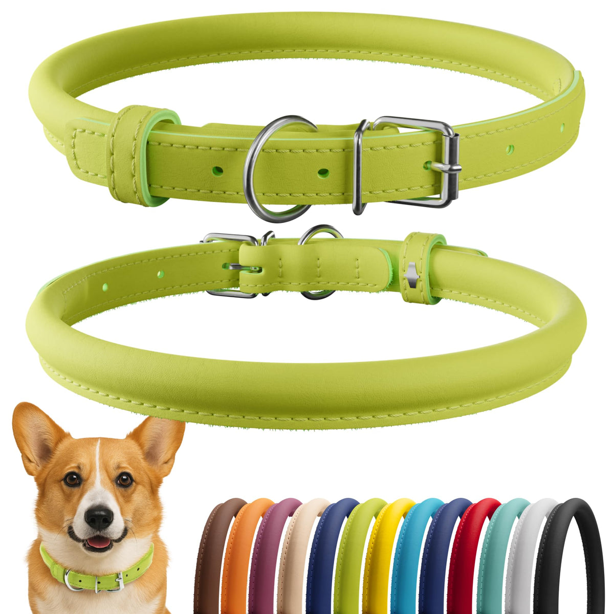 CollarDirect rolled leather dog collar lime green smooth for comfortable daily wear.