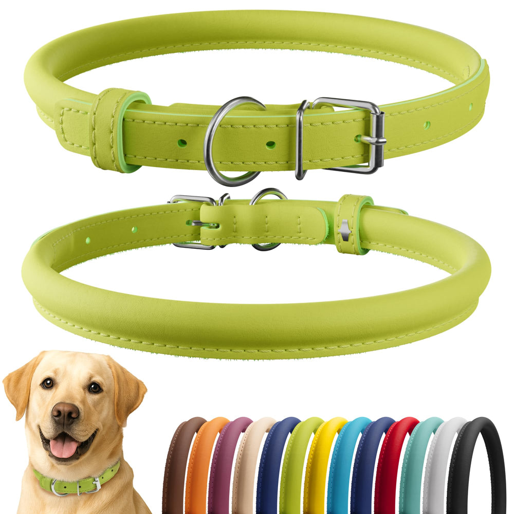 CollarDirect rolled leather dog collar lime green smooth reduces tangling for long-haired breeds.